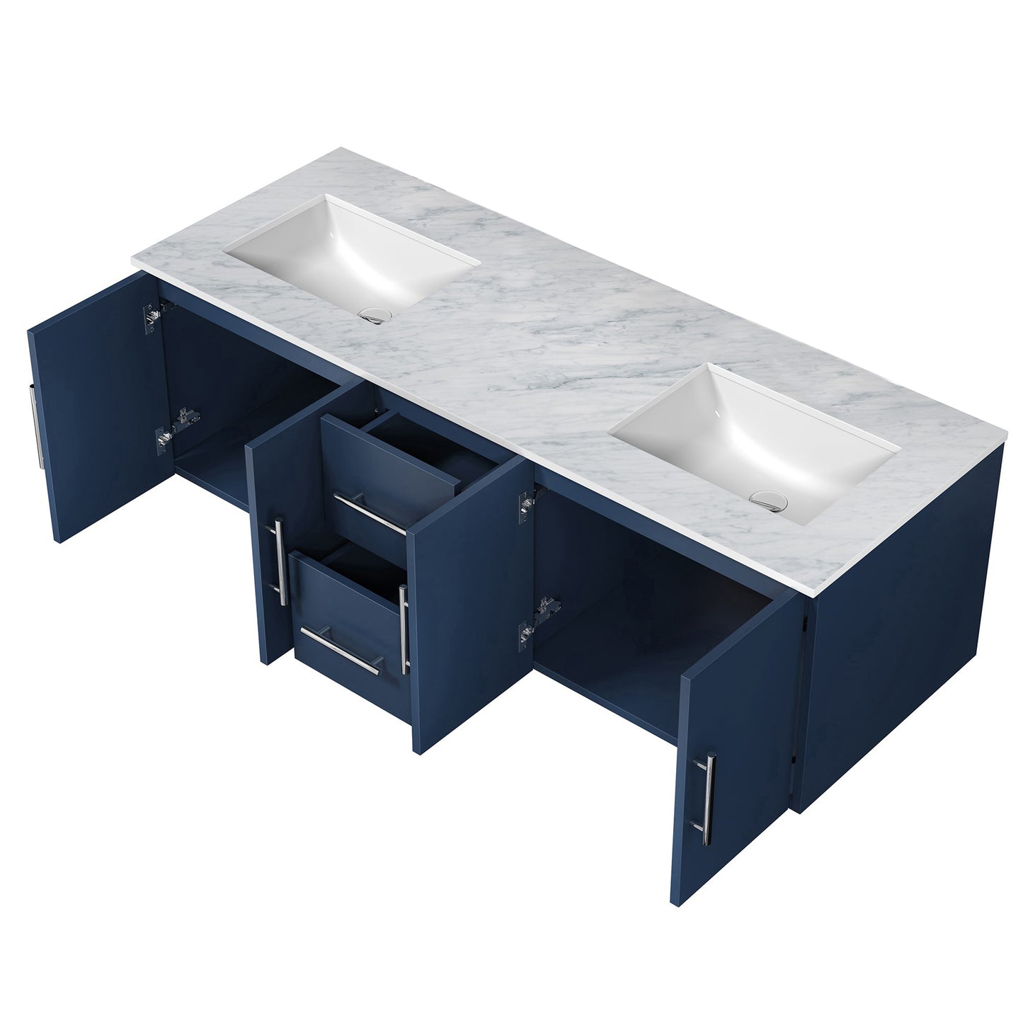 Geneva 60" Navy Blue Double Vanity, White Carrara Marble Top, White Square Sinks and no Mirror