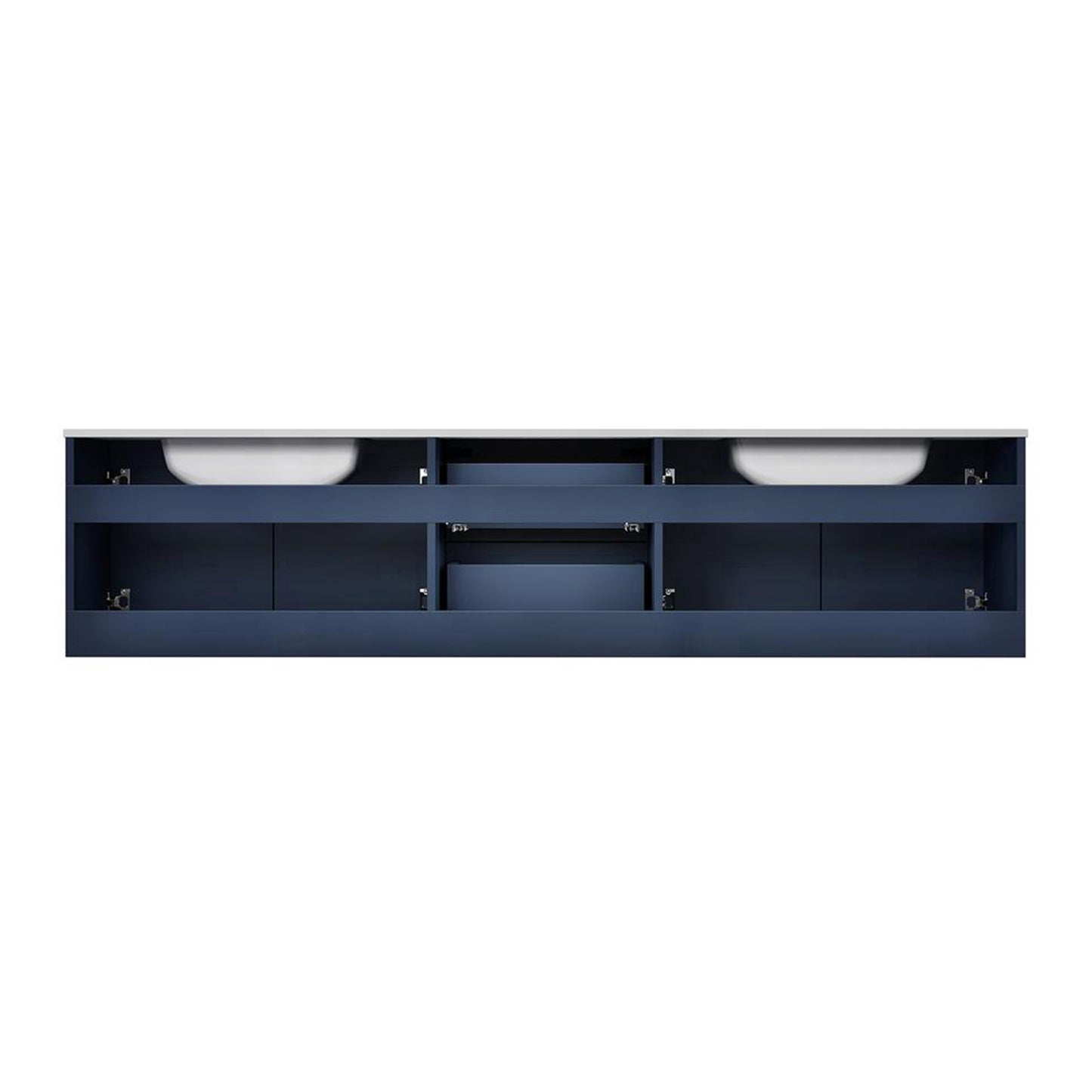 Geneva 80" Navy Blue Double Vanity, White Carrara Marble Top, White Square Sinks and 30" LED Mirrors