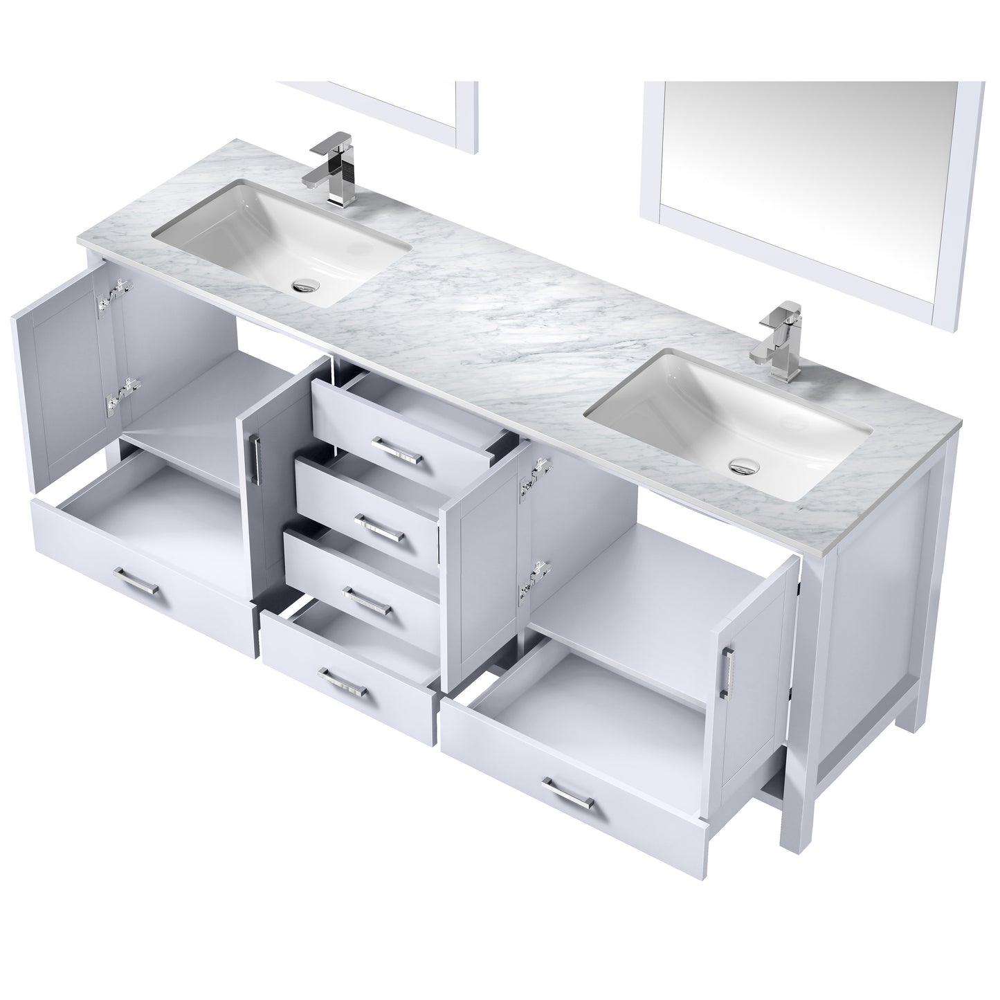 Jacques 80" White Double Vanity, White Carrara Marble Top, White Square Sinks and 30" Mirrors w/ Faucets