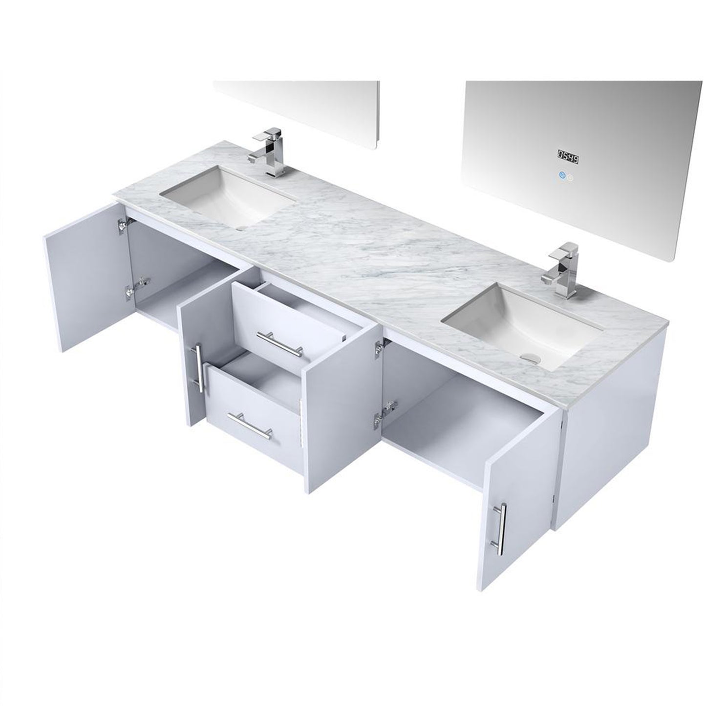 Geneva 72" Glossy White Double Vanity, White Carrara Marble Top, White Square Sinks and 30" LED Mirrors w/ Faucets