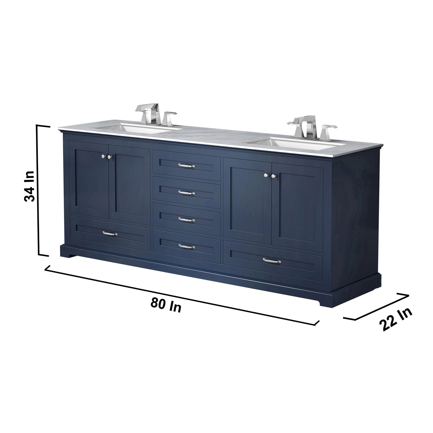 Dukes 80" Navy Blue Double Vanity, White Carrara Marble Top, White Square Sinks and 30" Mirrors w/ Faucets