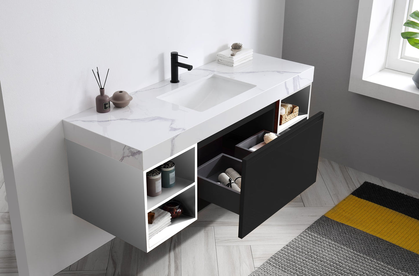 MANAROLA 60” MATTE BLACK WITH THICK QUARTZ WALL MOUNT MODERN BATHROOM VANITY (OPEN SHELVES)