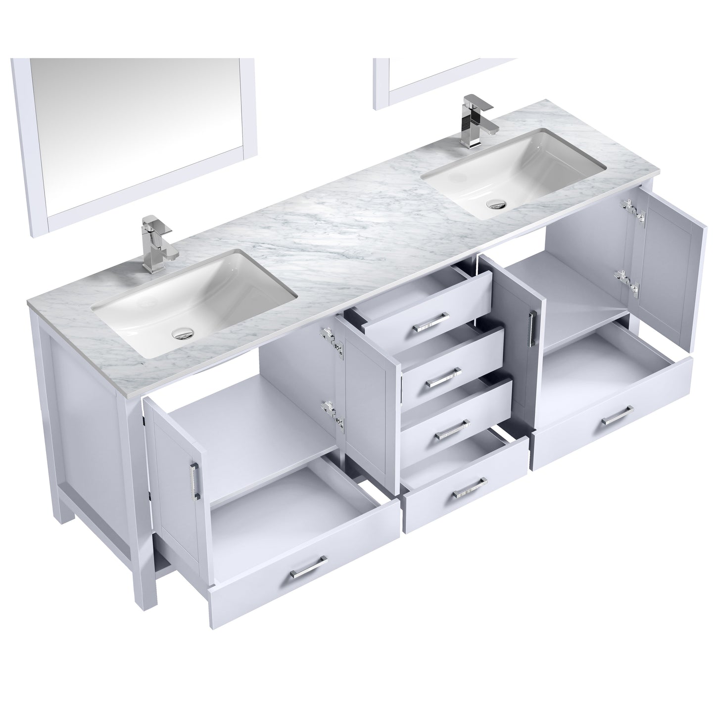 Jacques 80" White Double Vanity, White Carrara Marble Top, White Square Sinks and 30" Mirrors w/ Faucets