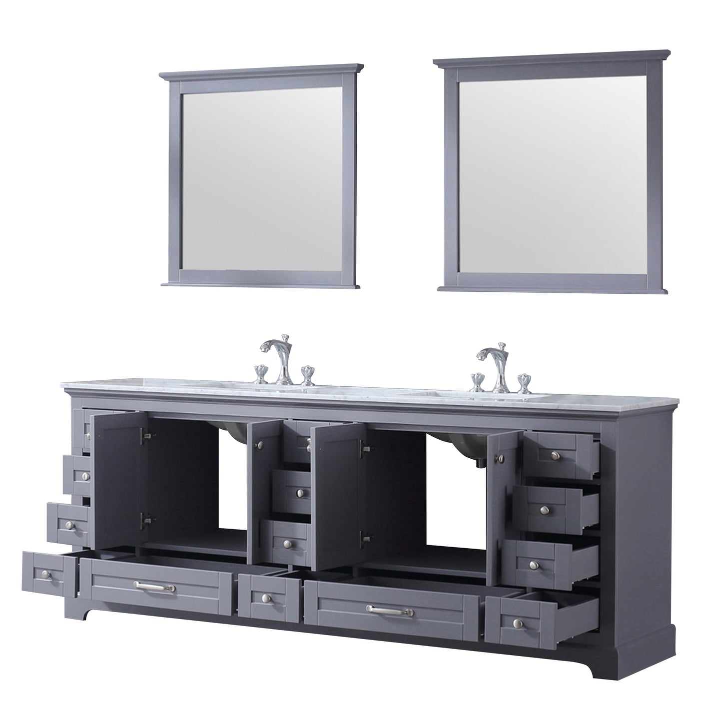 Dukes 84" Dark Grey Double Vanity, White Carrara Marble Top, White Square Sinks and 34" Mirrors w/ Faucets