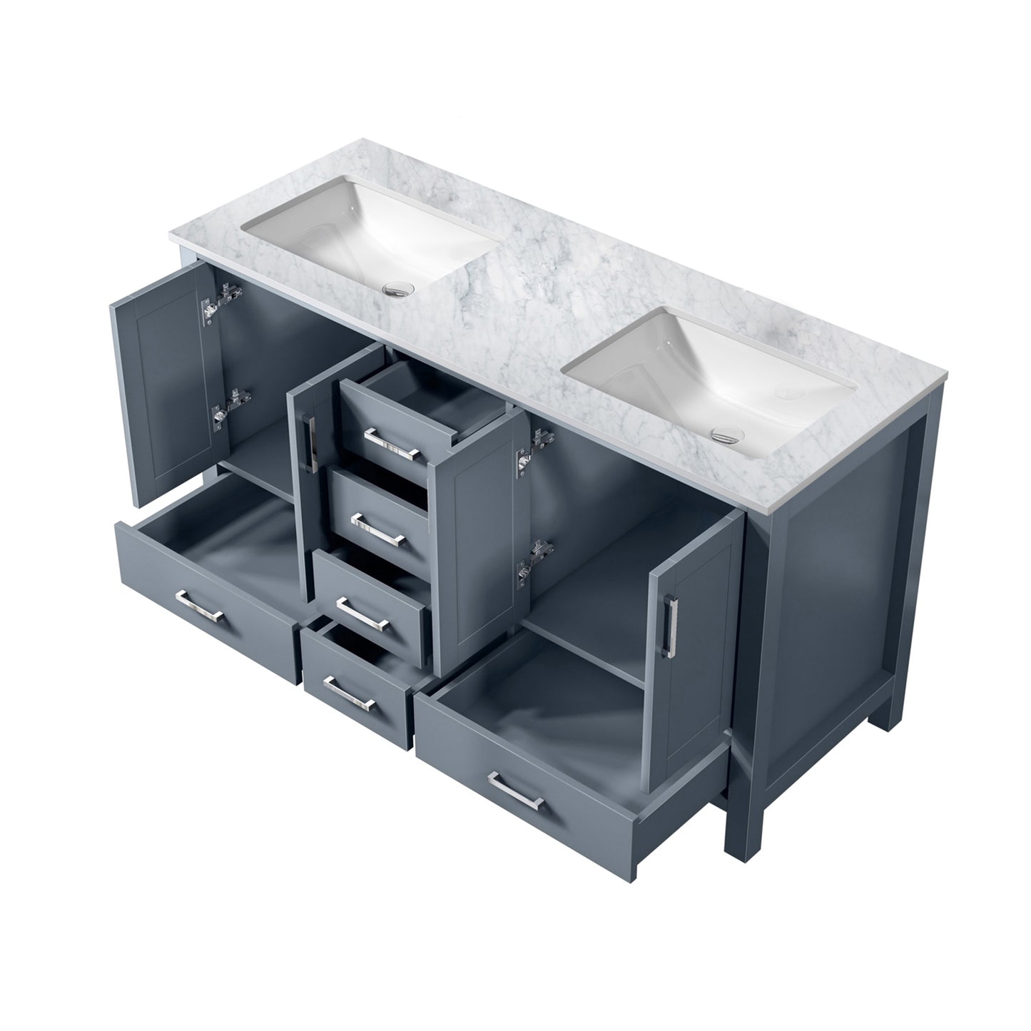 Jacques 60" Dark Grey Double Vanity, White Carrara Marble Top, White Square Sinks and no Mirror