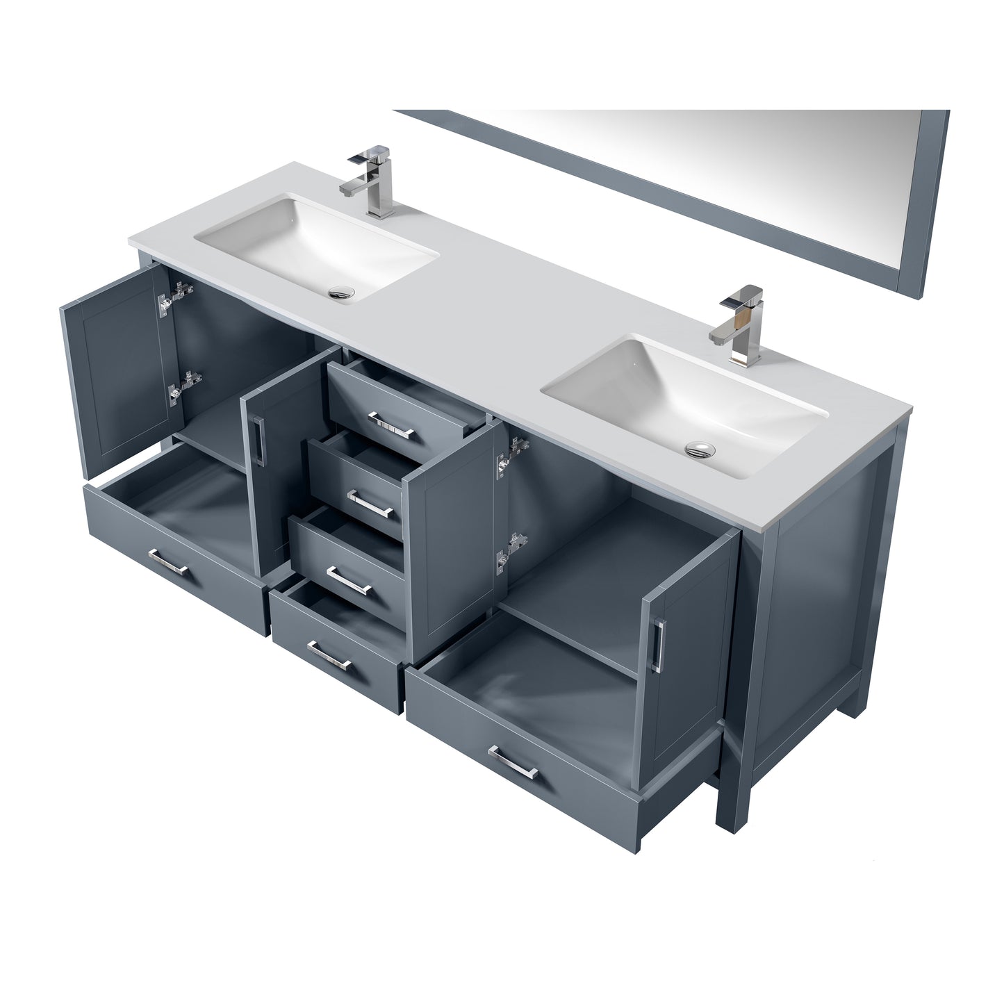 Jacques 72" Dark Grey Double Vanity, White Quartz Top, White Square Sinks and 70" Mirror w/ Faucets