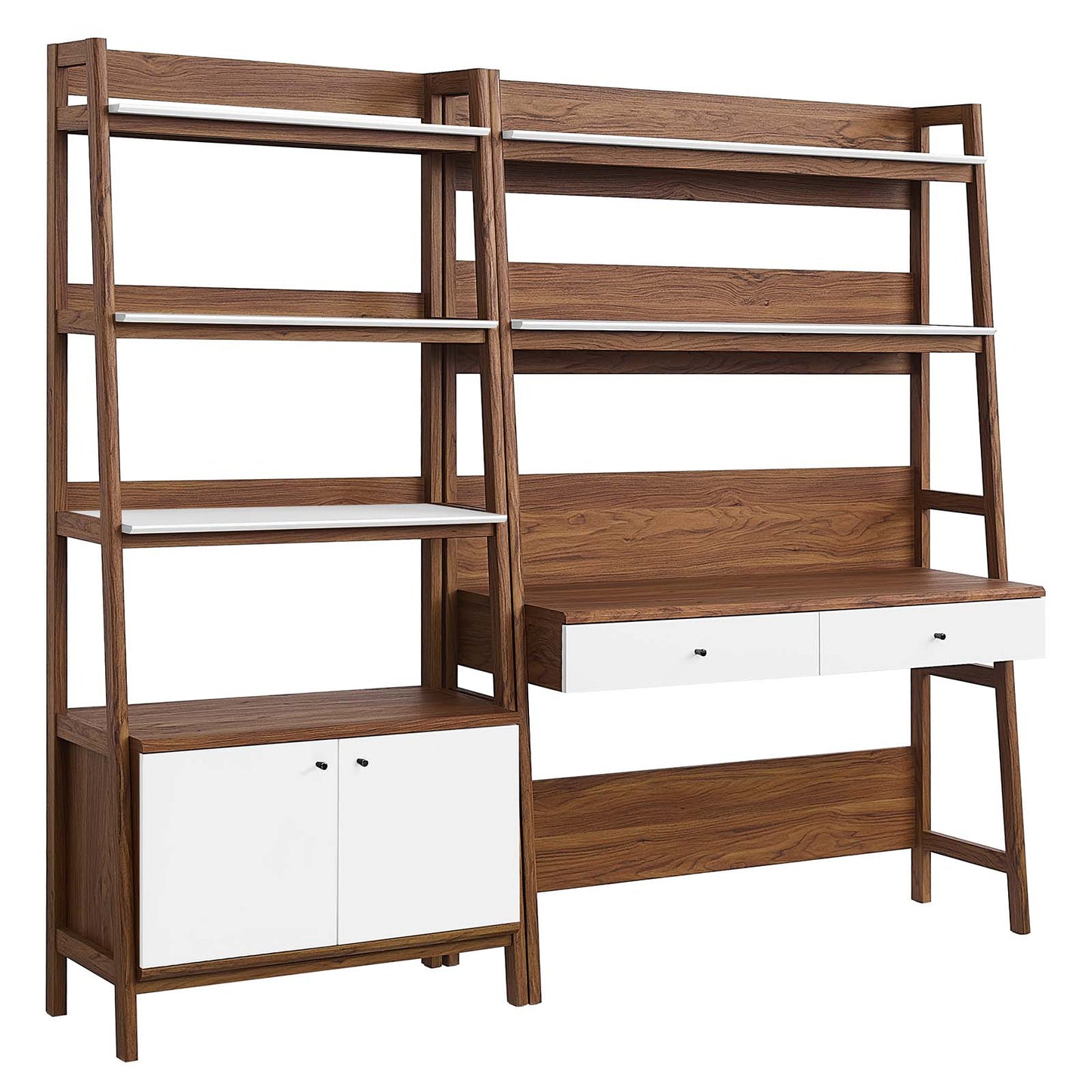 Modway 2-Piece Home Office Desk and Bookshelf Display Case in Walnut White