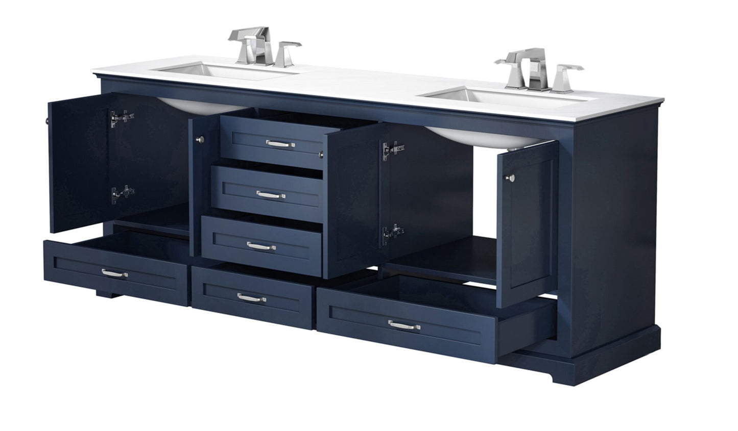 Dukes 80" Navy Blue Double Vanity, White Quartz Top, White Square Sinks and no Mirror