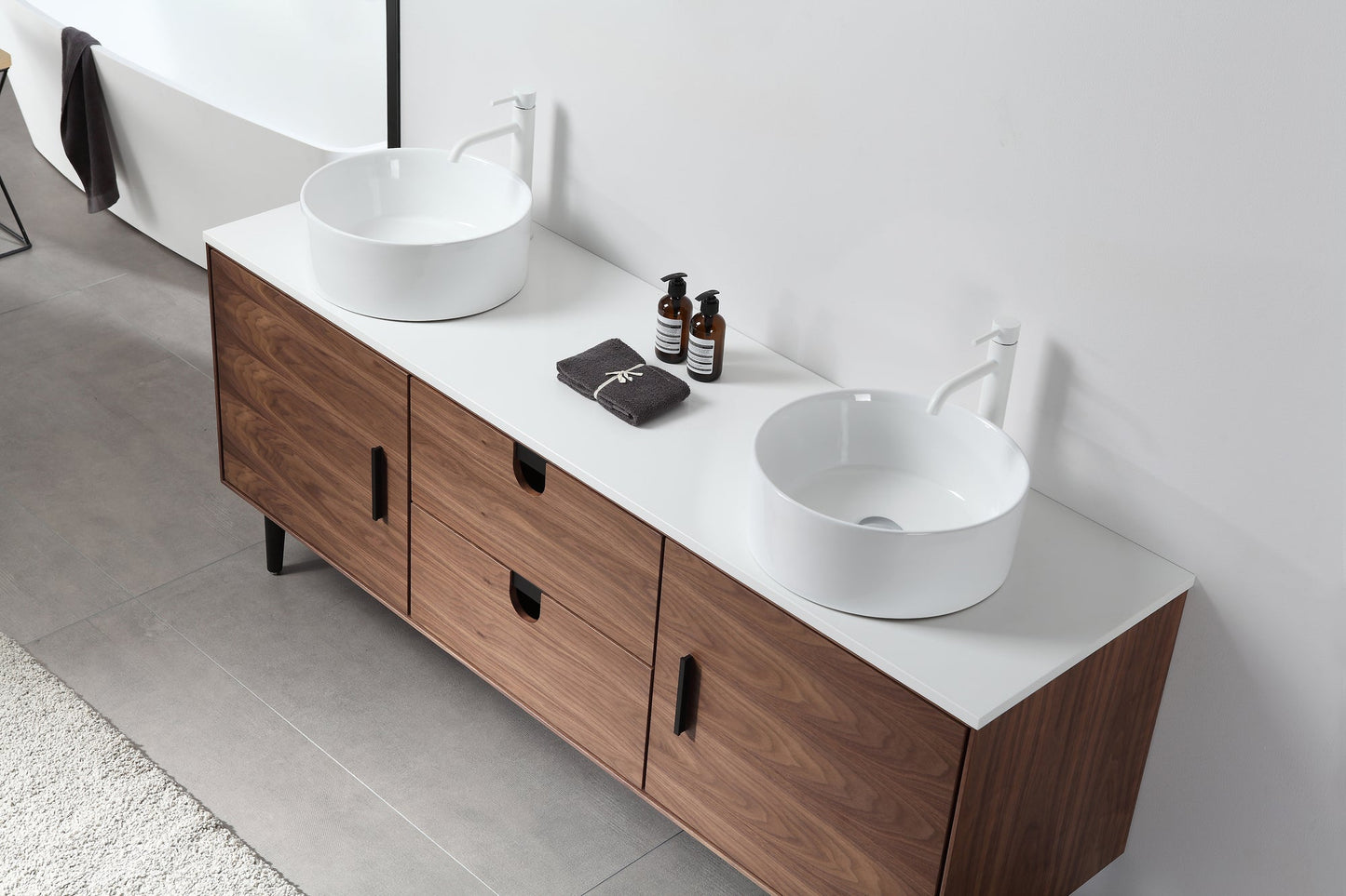 PORTREE 72” WALNUT MID-CENTURY FREESTANDING BATHROOM VANITY