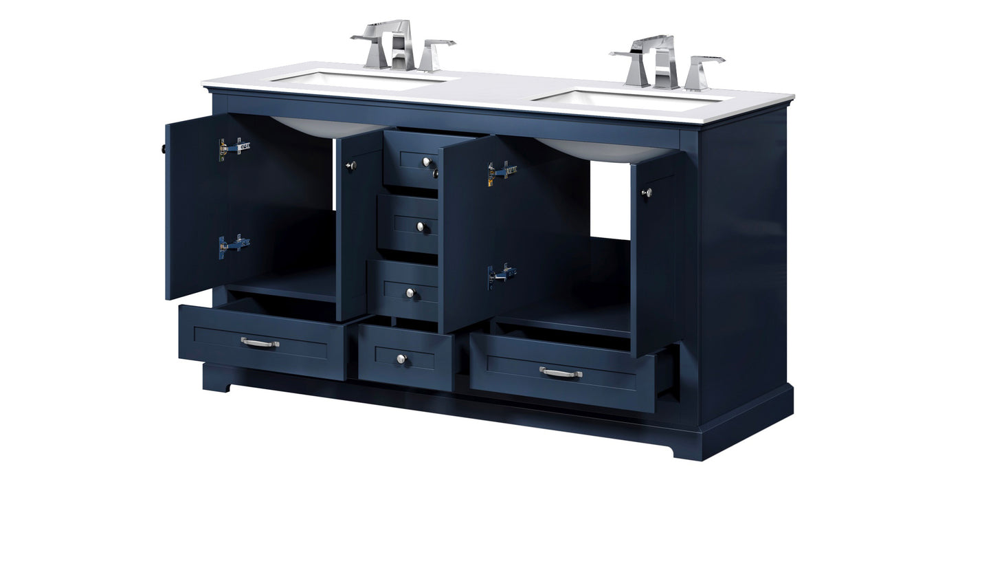 Dukes 60" Navy Blue Double Vanity, White Quartz Top, White Square Sinks and no Mirror