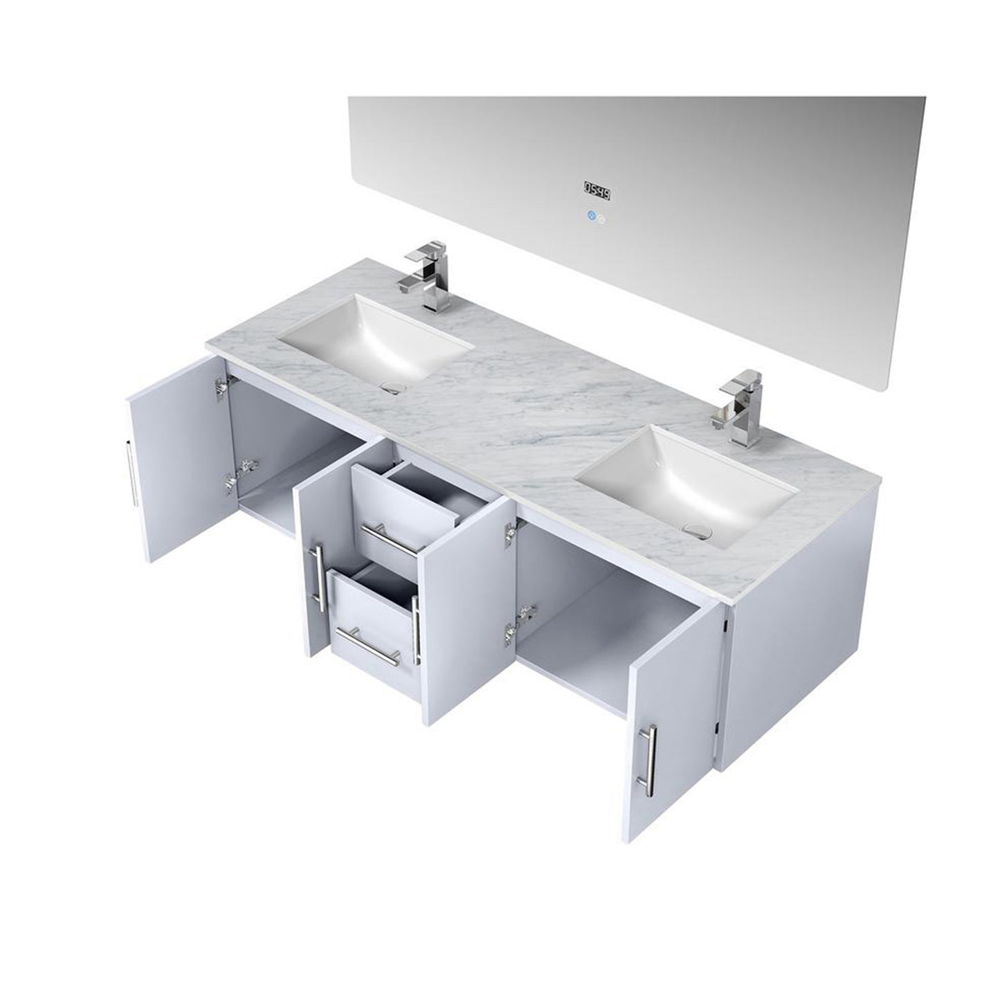 Geneva 60" Glossy White Double Vanity, White Carrara Marble Top, White Square Sinks and 60" LED Mirror w/ Faucets