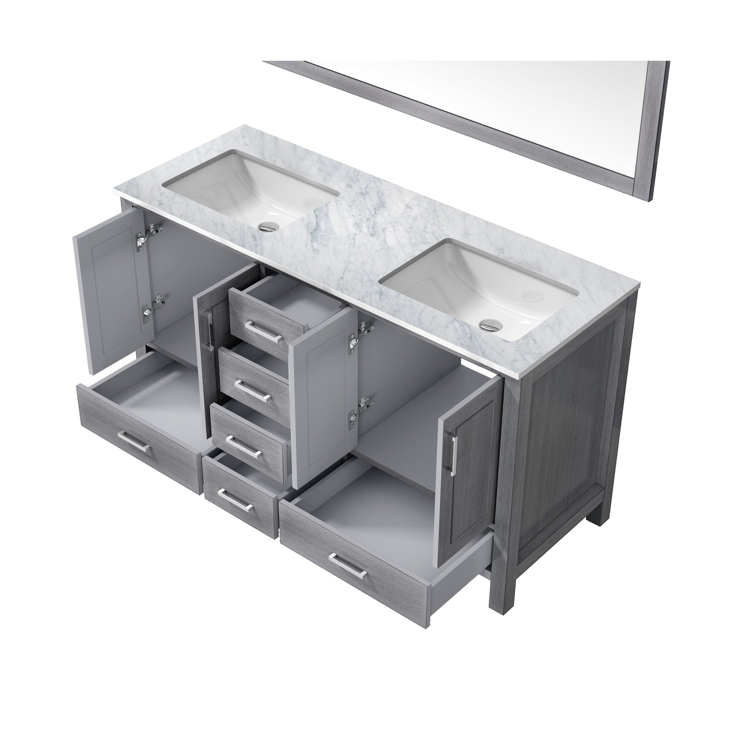 Jacques 60" Distressed Grey Double Vanity, White Carrara Marble Top, White Square Sinks and 58" Mirror