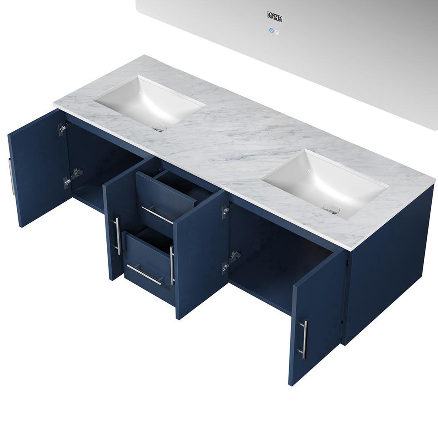 Geneva 60" Navy Blue Double Vanity, White Carrara Marble Top, White Square Sinks and 60" LED Mirror