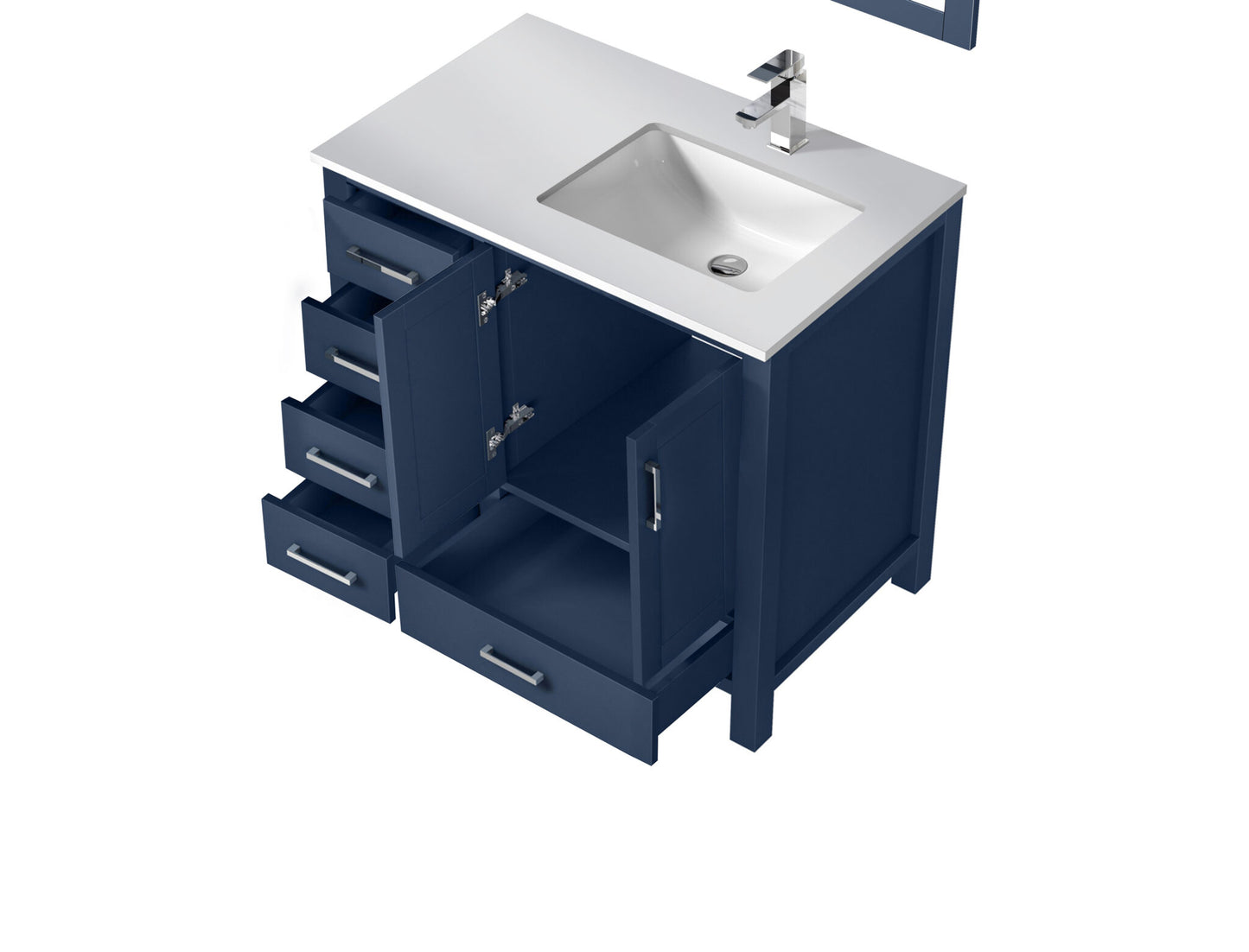 Jacques 36" Navy Blue Single Vanity, White Quartz Top, White Square Sink and no Mirror - Right Version
