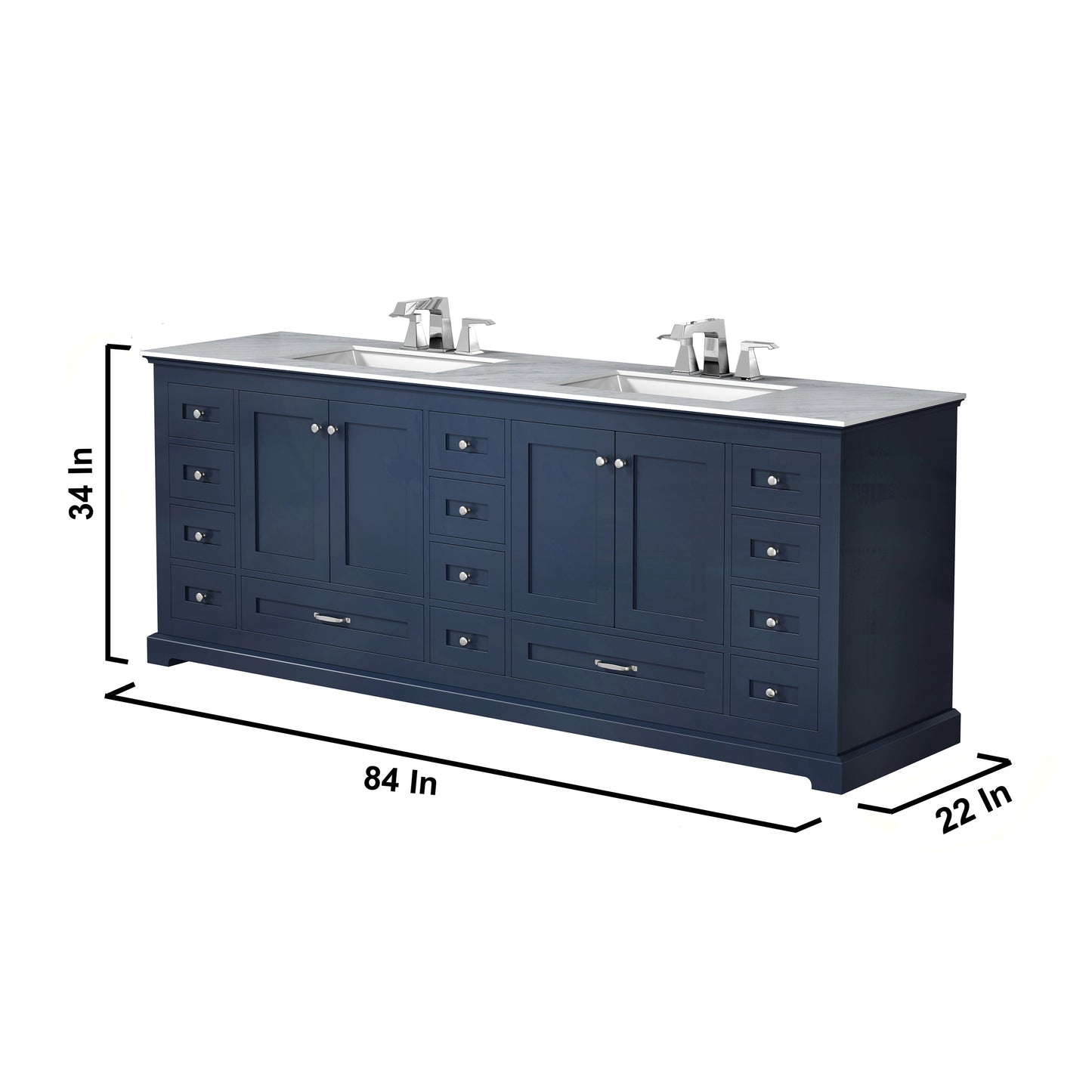 Dukes 84" Navy Blue Double Vanity, White Carrara Marble Top, White Square Sinks and 34" Mirrors w/ Faucets