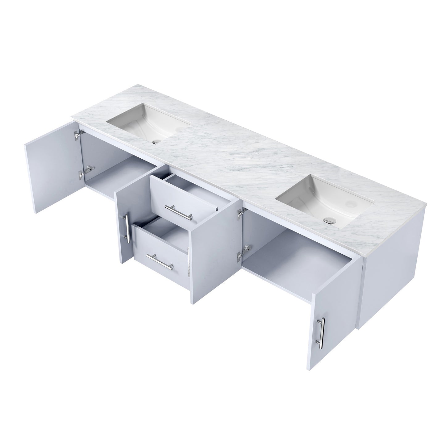 Geneva 80" Glossy White Double Vanity, White Carrara Marble Top, White Square Sinks and no Mirror