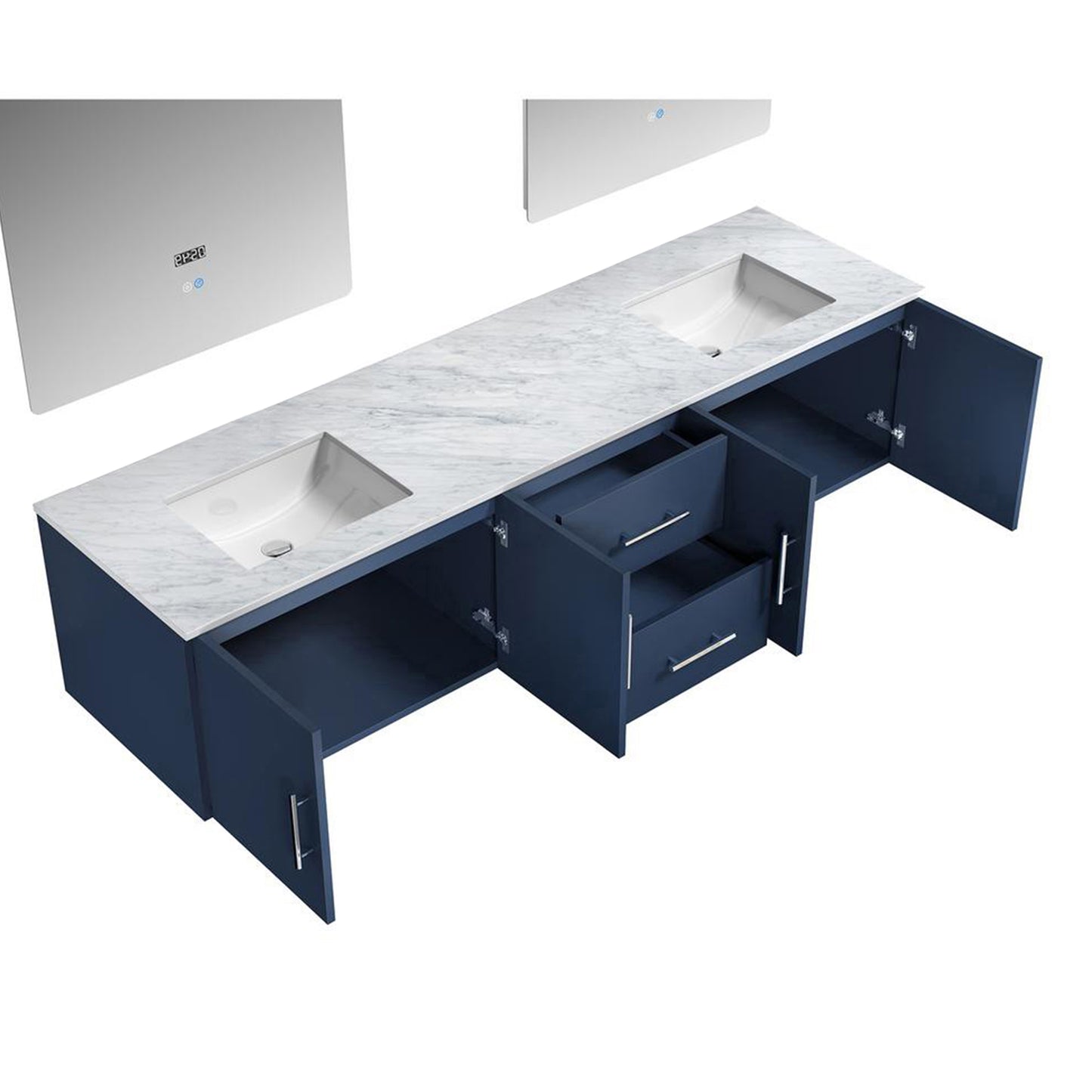 Geneva 80" Navy Blue Double Vanity, White Carrara Marble Top, White Square Sinks and 30" LED Mirrors
