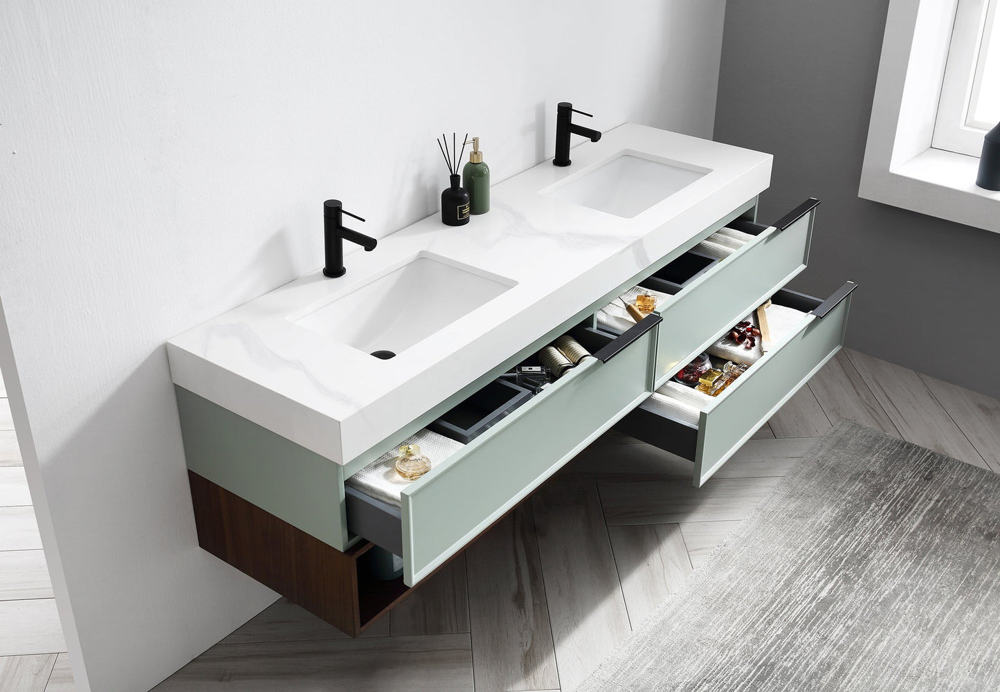 MARFA 72” ALOE GREEN/WALNUT WALL MOUNT MODERN BATHROOM VANITY