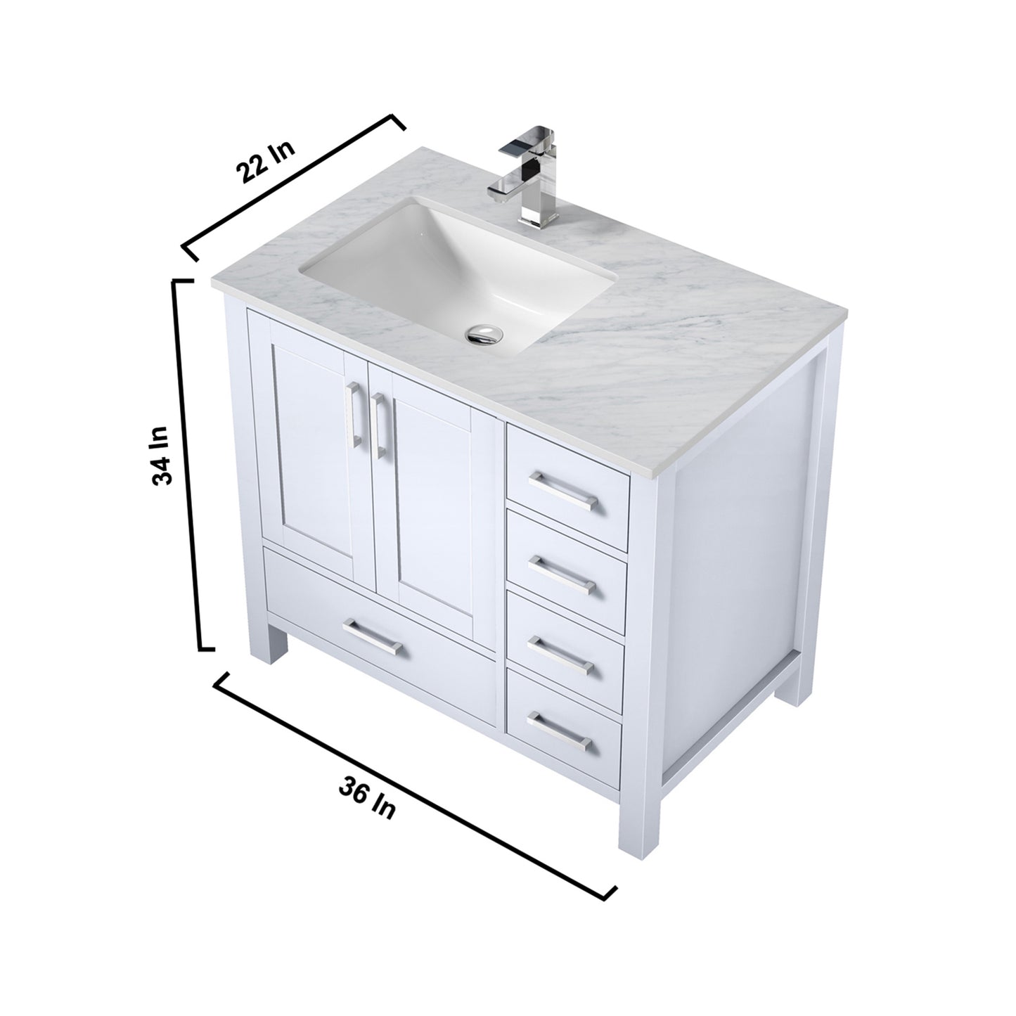 Jacques 36" White Single Vanity, White Carrara Marble Top, White Square Sink and 34" Mirror w/ Faucet - Left Version