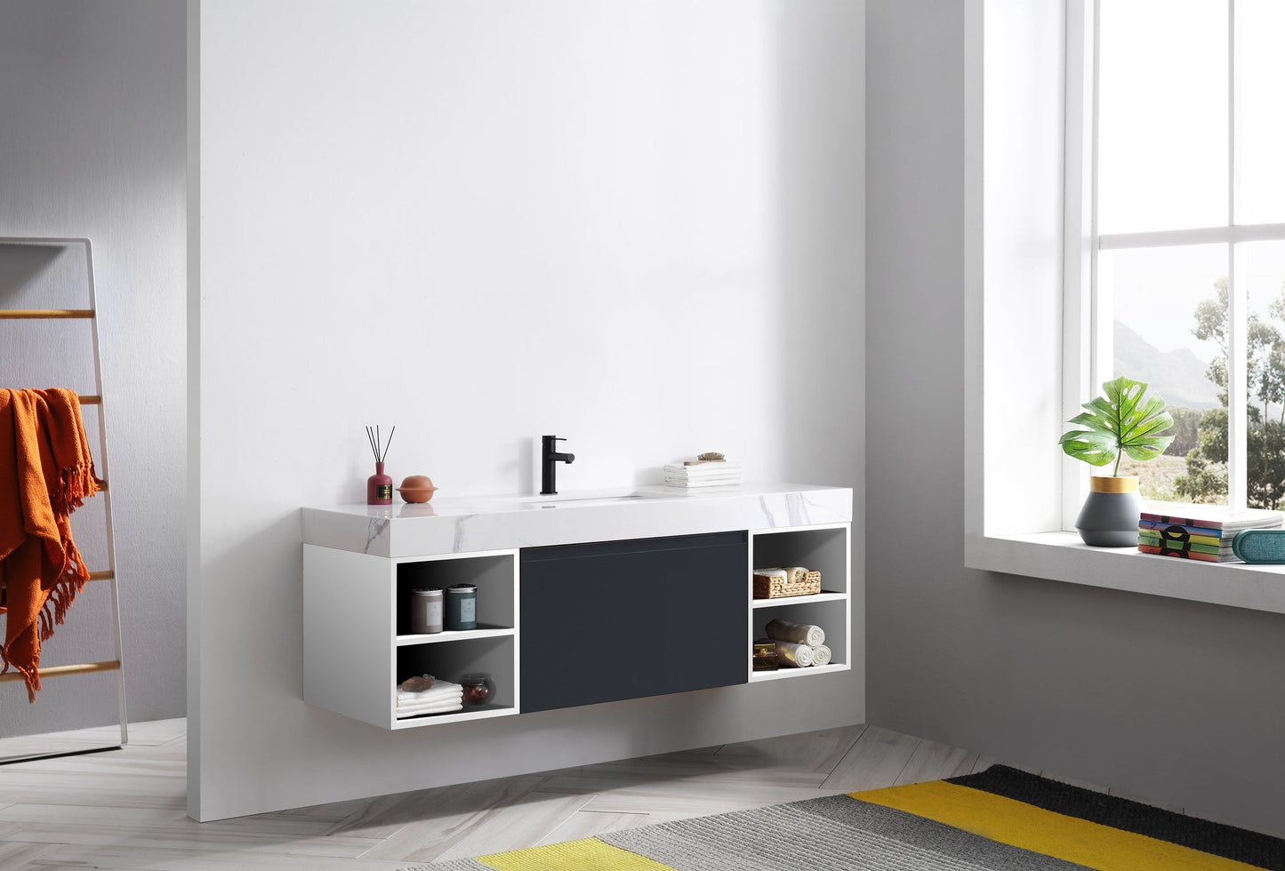 MANAROLA 60” MATTE BLACK WITH THICK QUARTZ WALL MOUNT MODERN BATHROOM VANITY (OPEN SHELVES)