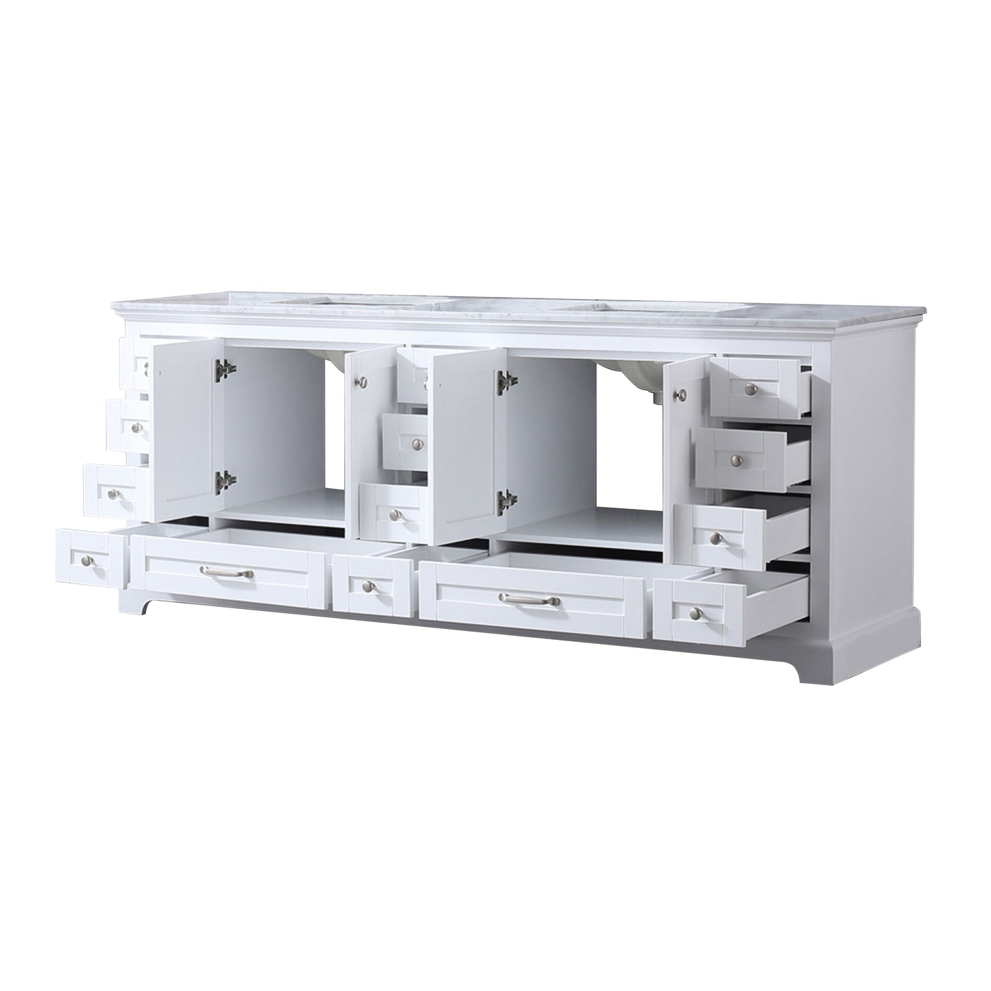 Dukes 84" White Double Vanity, White Carrara Marble Top, White Square Sinks and no Mirror