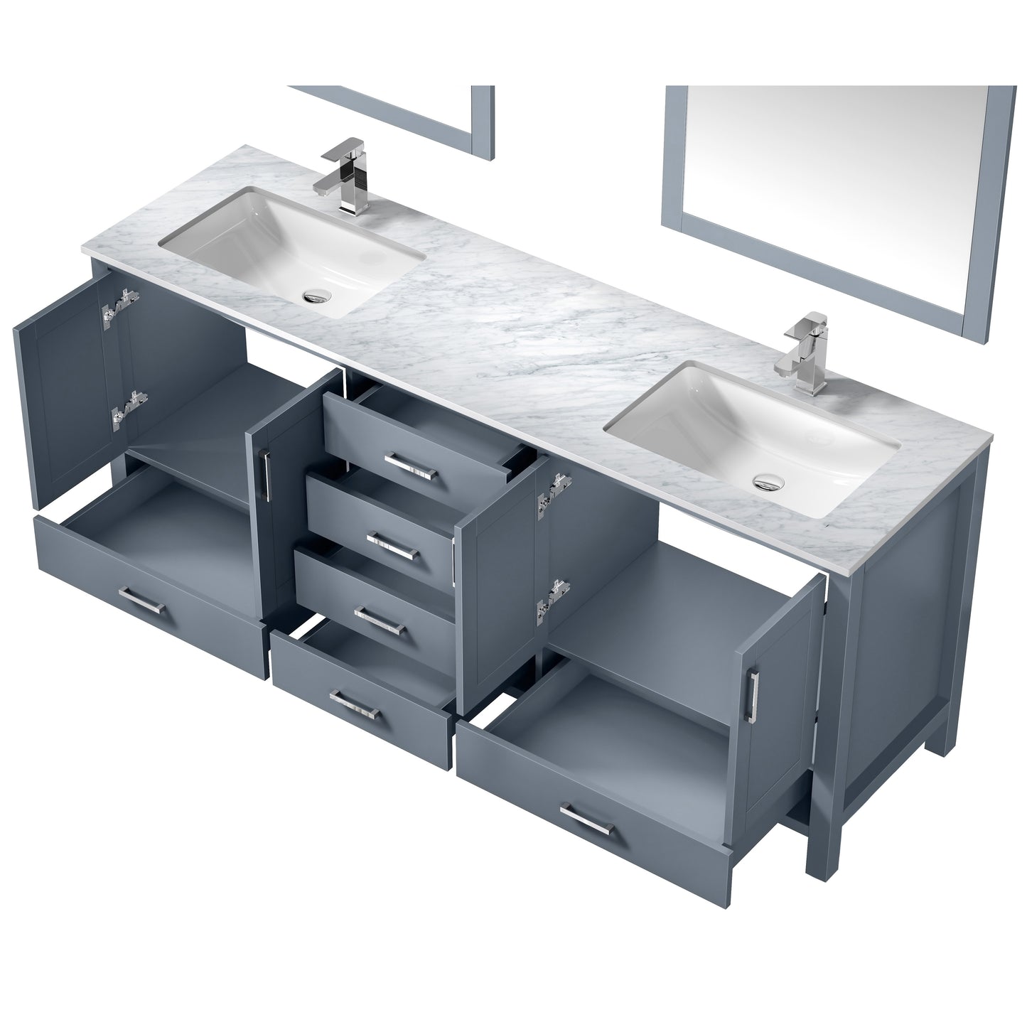 Jacques 80" Dark Grey Double Vanity, White Carrara Marble Top, White Square Sinks and 30" Mirrors w/ Faucets
