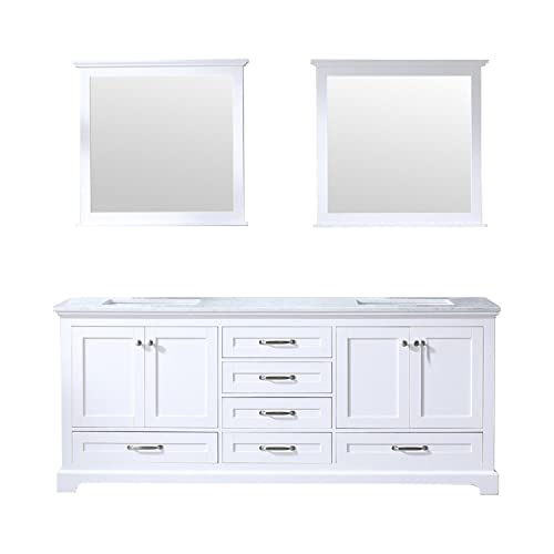 Lexora Dukes 80-inch White Double Vanity, White Carrara Marble Top, White Square Sinks and 30-inch Mirrors