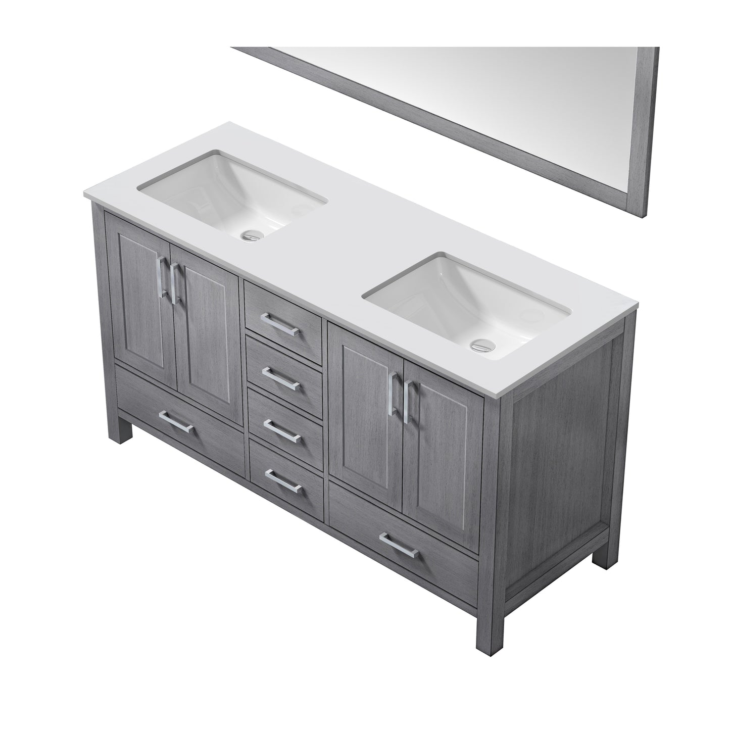 Jacques 60" Distressed Grey Double Vanity, White Quartz Top, White Square Sinks and 58" Mirror w/ Faucets