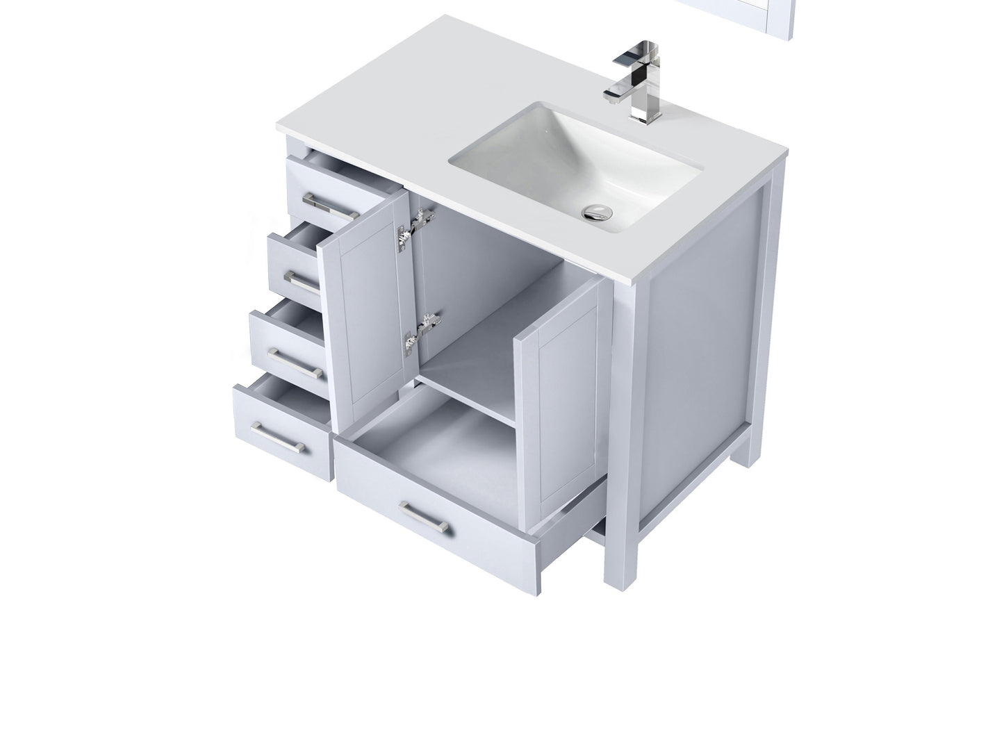 Jacques 36" White Single Vanity, White Quartz Top, White Square Sink and no Mirror - Left Version