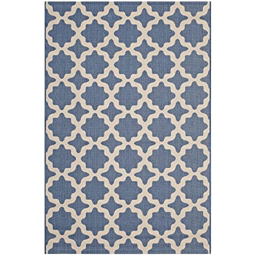 Modway Cerelia Moroccan Trellis 9x12 Indoor and Outdoor Area Rug in Blue and Beige