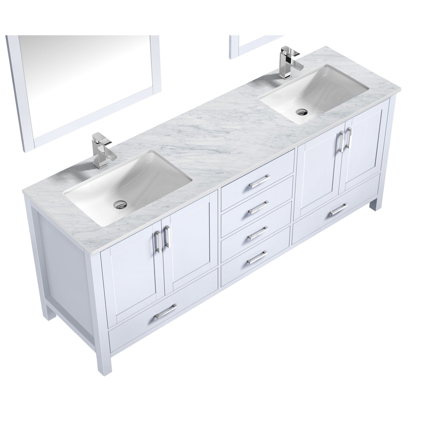 Jacques 80" White Double Vanity, White Carrara Marble Top, White Square Sinks and 30" Mirrors w/ Faucets