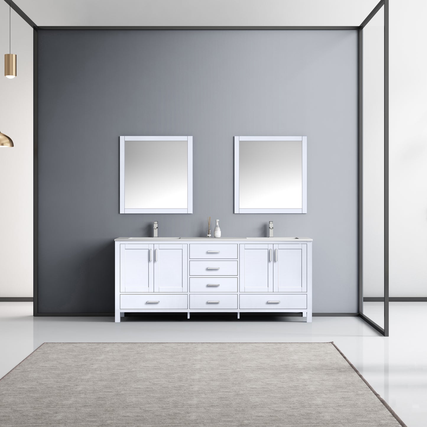 Jacques 80" White Double Vanity, White Carrara Marble Top, White Square Sinks and 30" Mirrors w/ Faucets