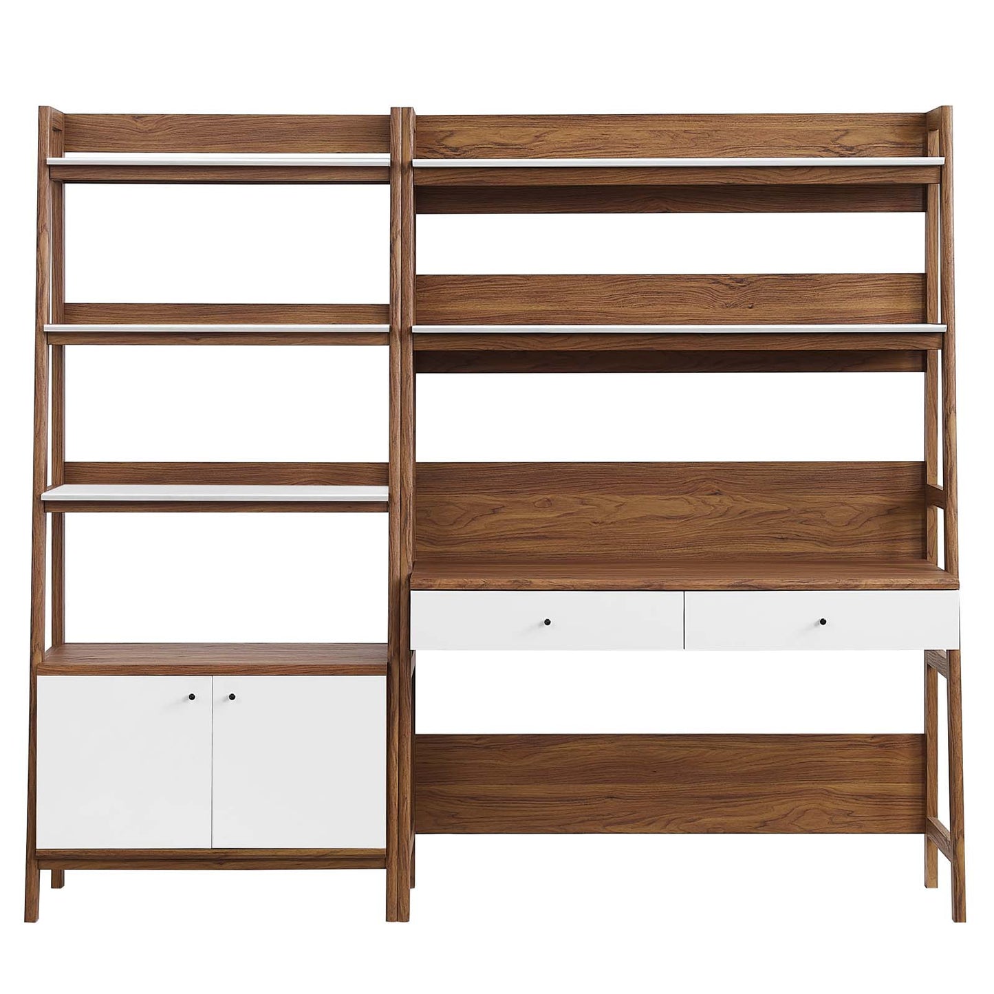 Modway 2-Piece Home Office Desk and Bookshelf Display Case in Walnut White