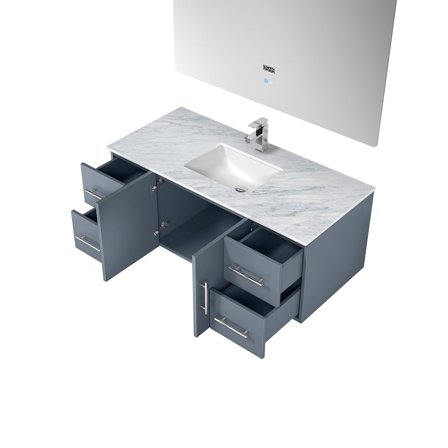 Geneva 48" Dark Grey Single Vanity, White Carrara Marble Top, White Square Sink and 48" LED Mirror w/ Faucet