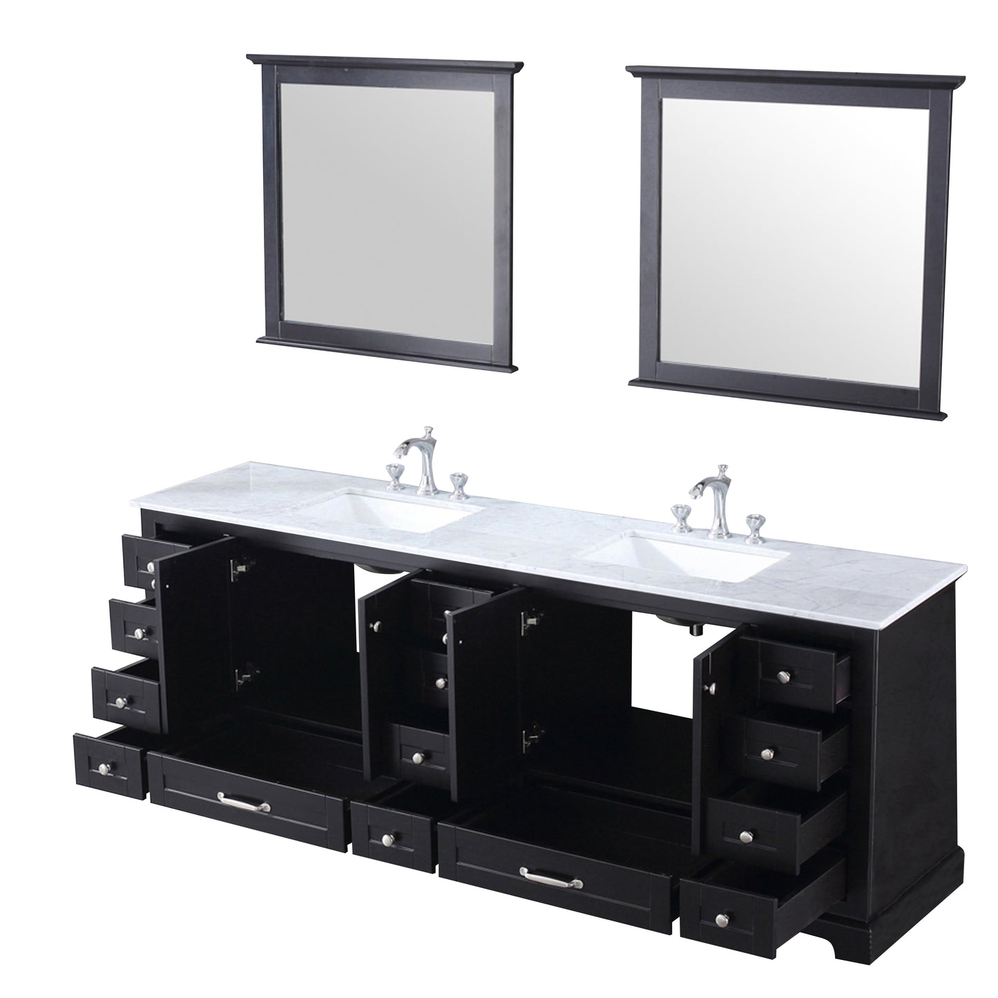 Dukes 84" Espresso Double Vanity, White Carrara Marble Top, White Square Sinks and 34" Mirrors w/ Faucets