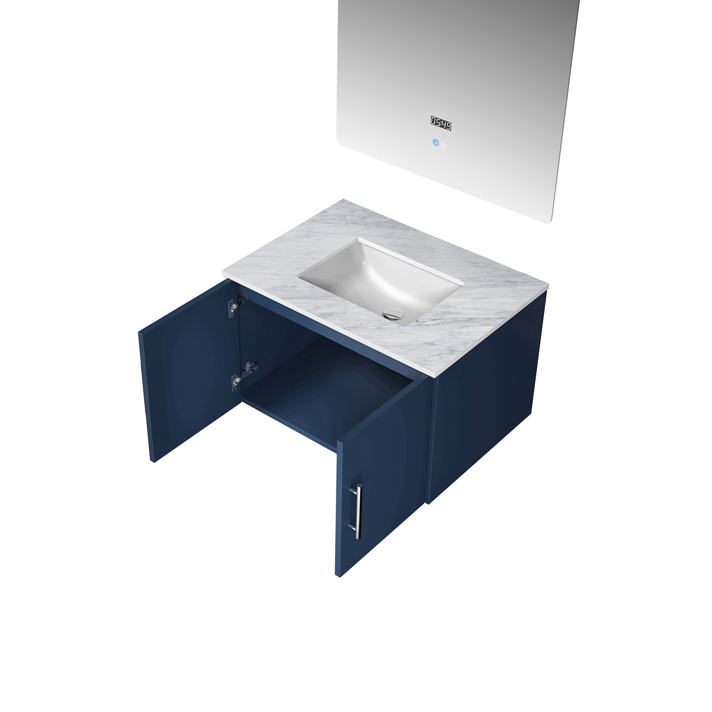 Geneva 30" Navy Blue Single Vanity, White Carrara Marble Top, White Square Sink and 30" LED Mirror