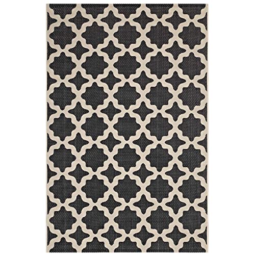 Modway Cerelia Moroccan Trellis 4x6 Indoor and Outdoor Area Rug in Black and Beige