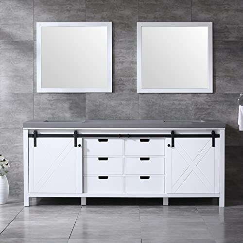 Lexora Marsyas 84-inch White Double Vanity, Grey Quartz Top, White Square Sinks and 34-inch Mirrors