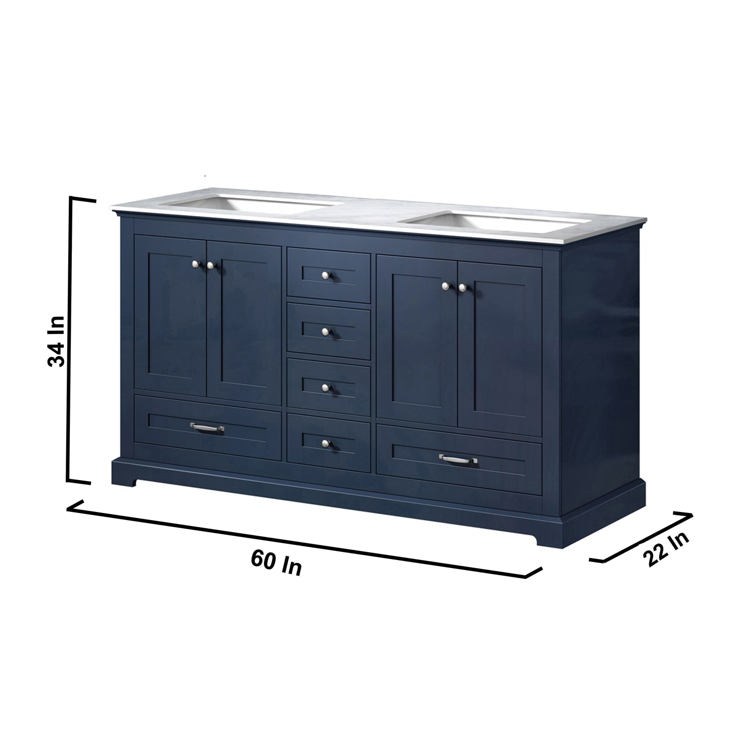 Dukes 60" Navy Blue Double Vanity, White Carrara Marble Top, White Square Sinks and 58" Mirror