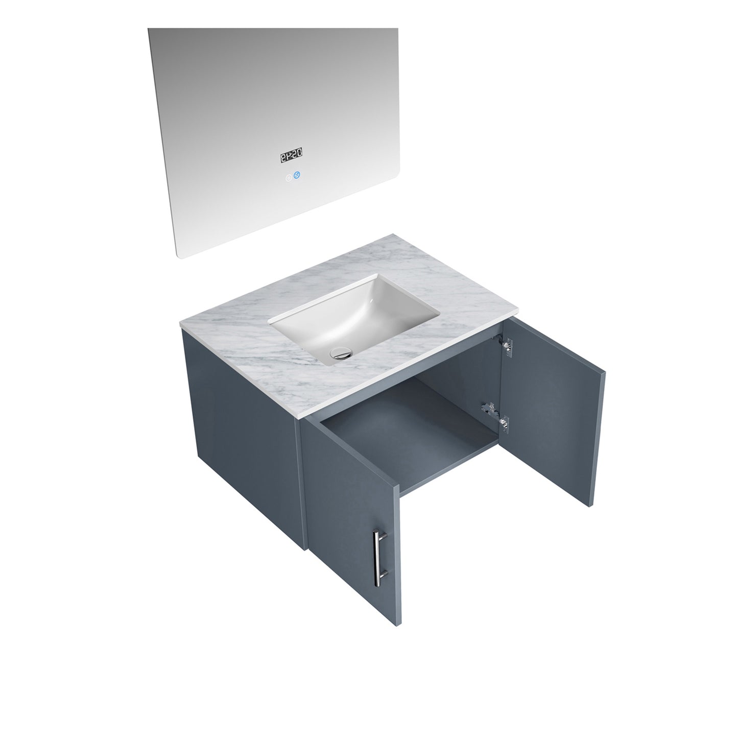 Geneva 30" Dark Grey Single Vanity, White Carrara Marble Top, White Square Sink and 30" LED Mirror