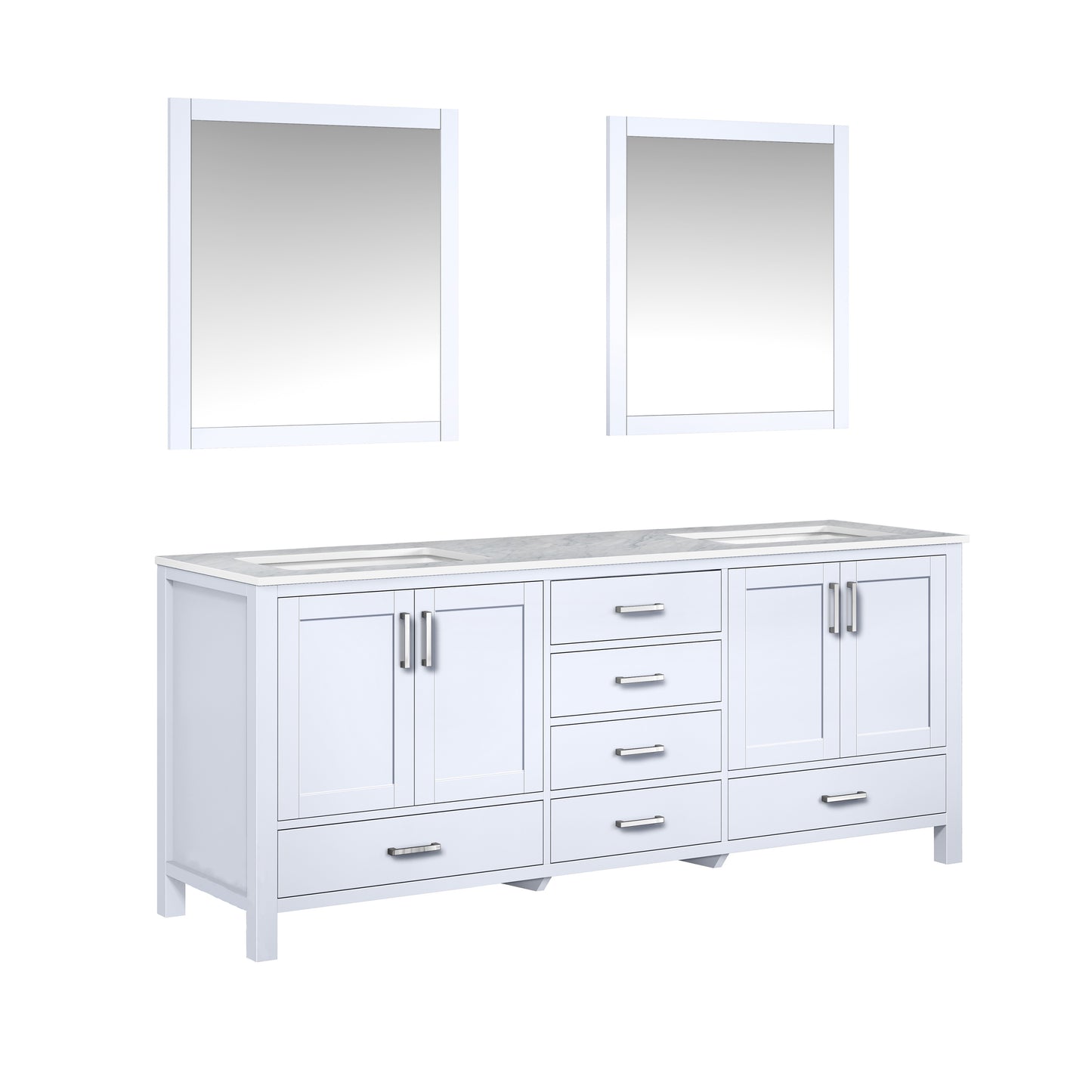 Jacques 80" White Double Vanity, White Carrara Marble Top, White Square Sinks and 30" Mirrors
