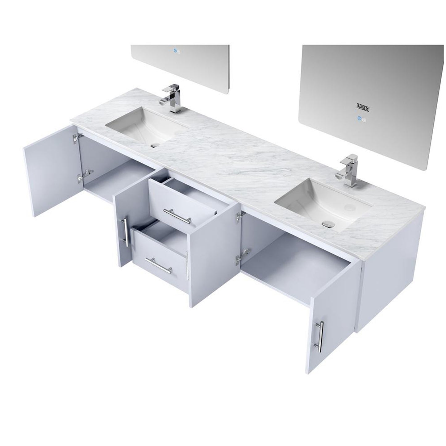 Geneva 80" Glossy White Double Vanity, White Carrara Marble Top, White Square Sinks and 30" LED Mirrors w/ Faucets