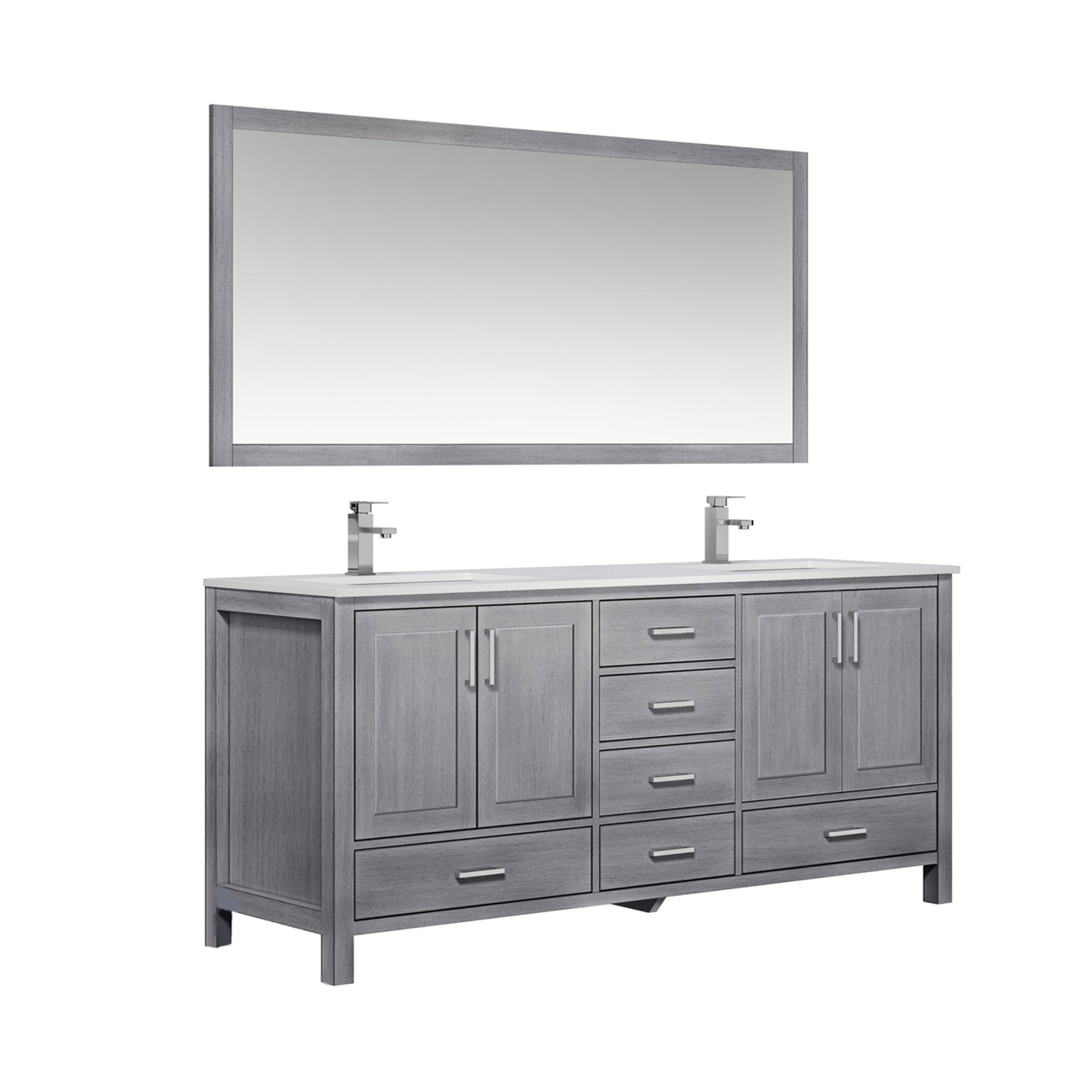 Jacques 72" Distressed Grey Double Vanity, White Quartz Top, White Square Sinks and 70" Mirror
