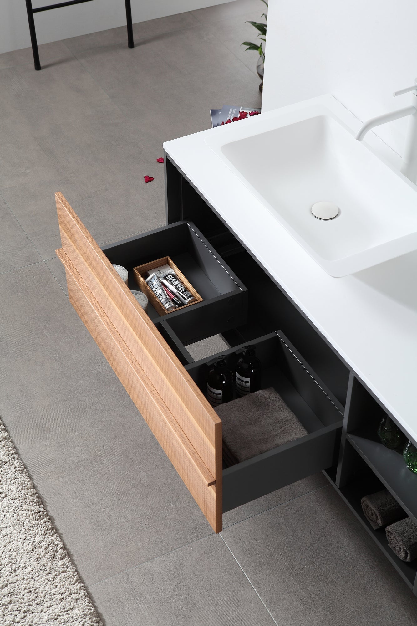 GOREME 48” WALNUT/DARK GRAY OAK WALL MOUNT MODERN BATHROOM VANITY