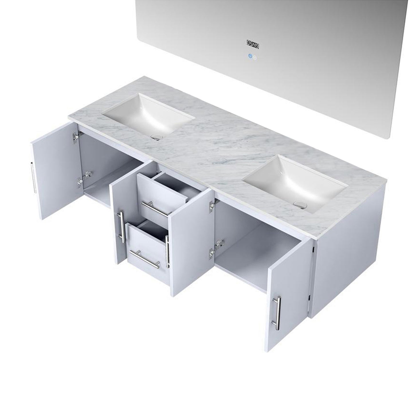Geneva 60" Glossy White Double Vanity, White Carrara Marble Top, White Square Sinks and 60" LED Mirror