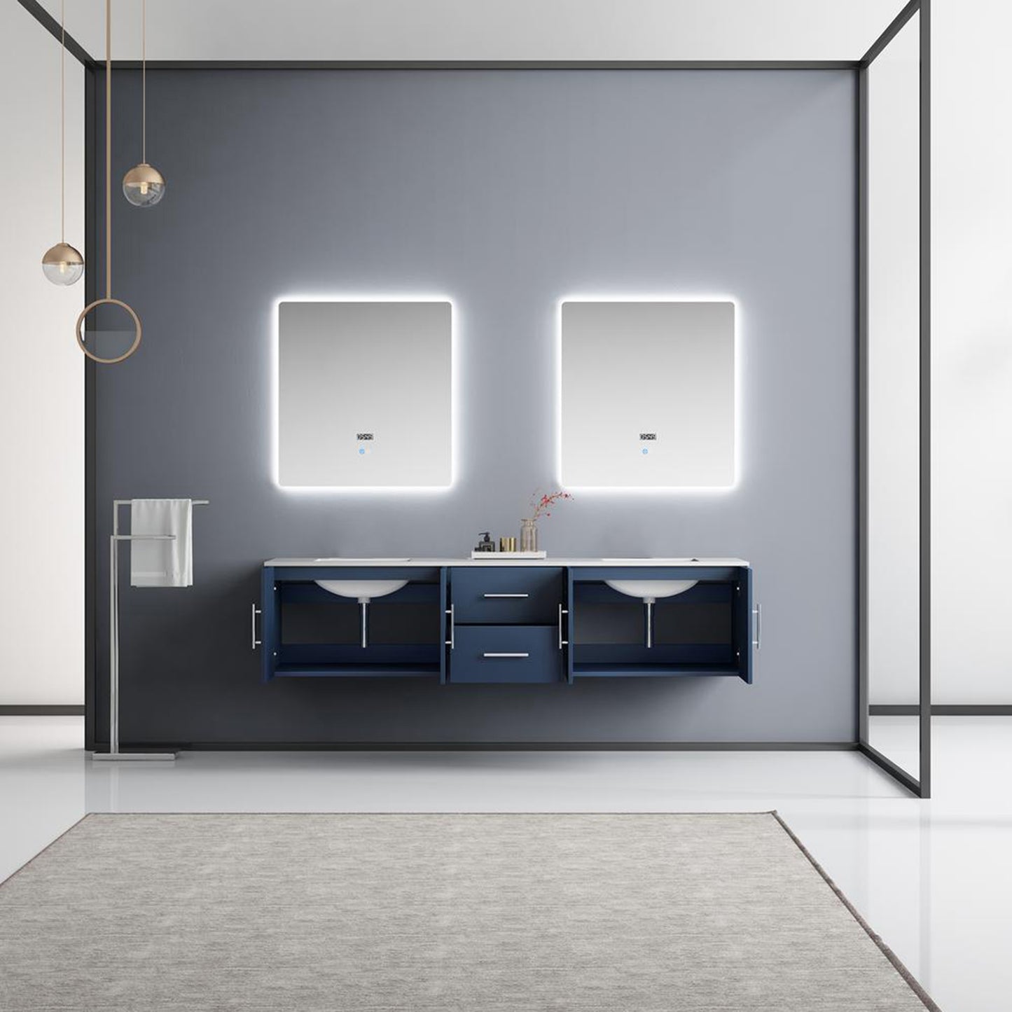 Geneva 80" Navy Blue Double Vanity, White Carrara Marble Top, White Square Sinks and 30" LED Mirrors
