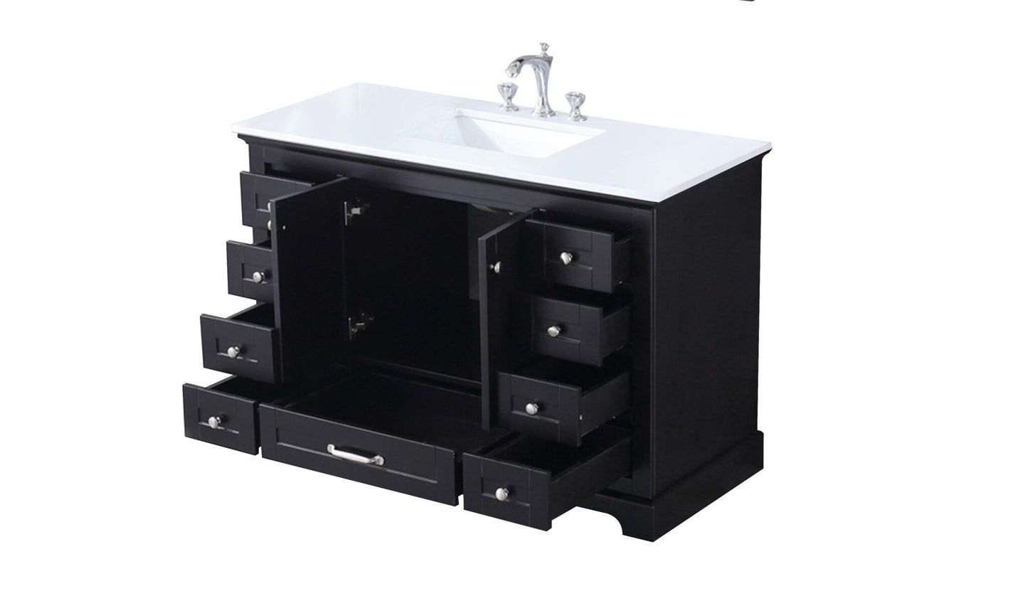 Dukes 48" Espresso Single Vanity, White Quartz Top, White Square Sink and no Mirror