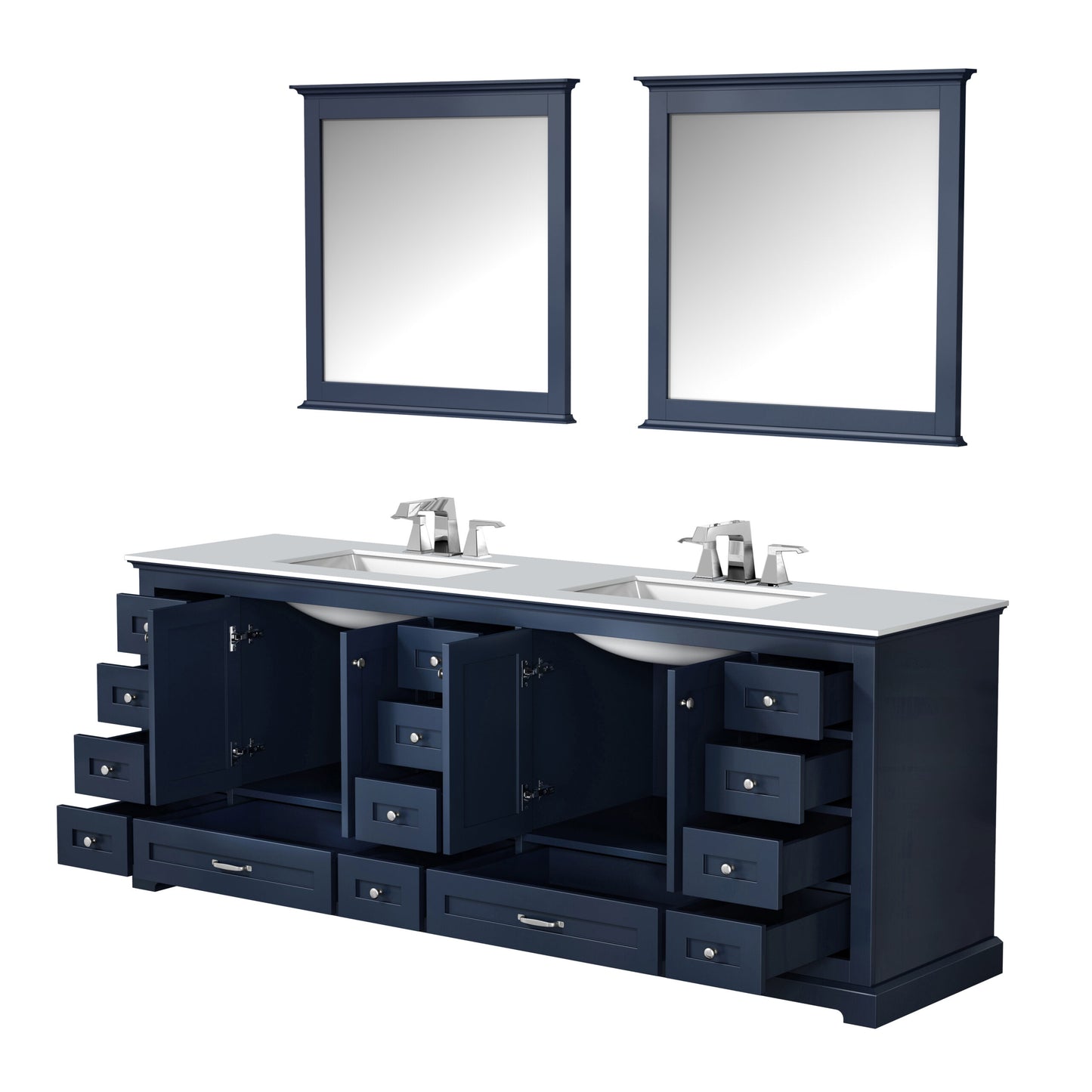 Dukes 84" Navy Blue Double Vanity, White Quartz Top, White Square Sinks and 34" Mirrors