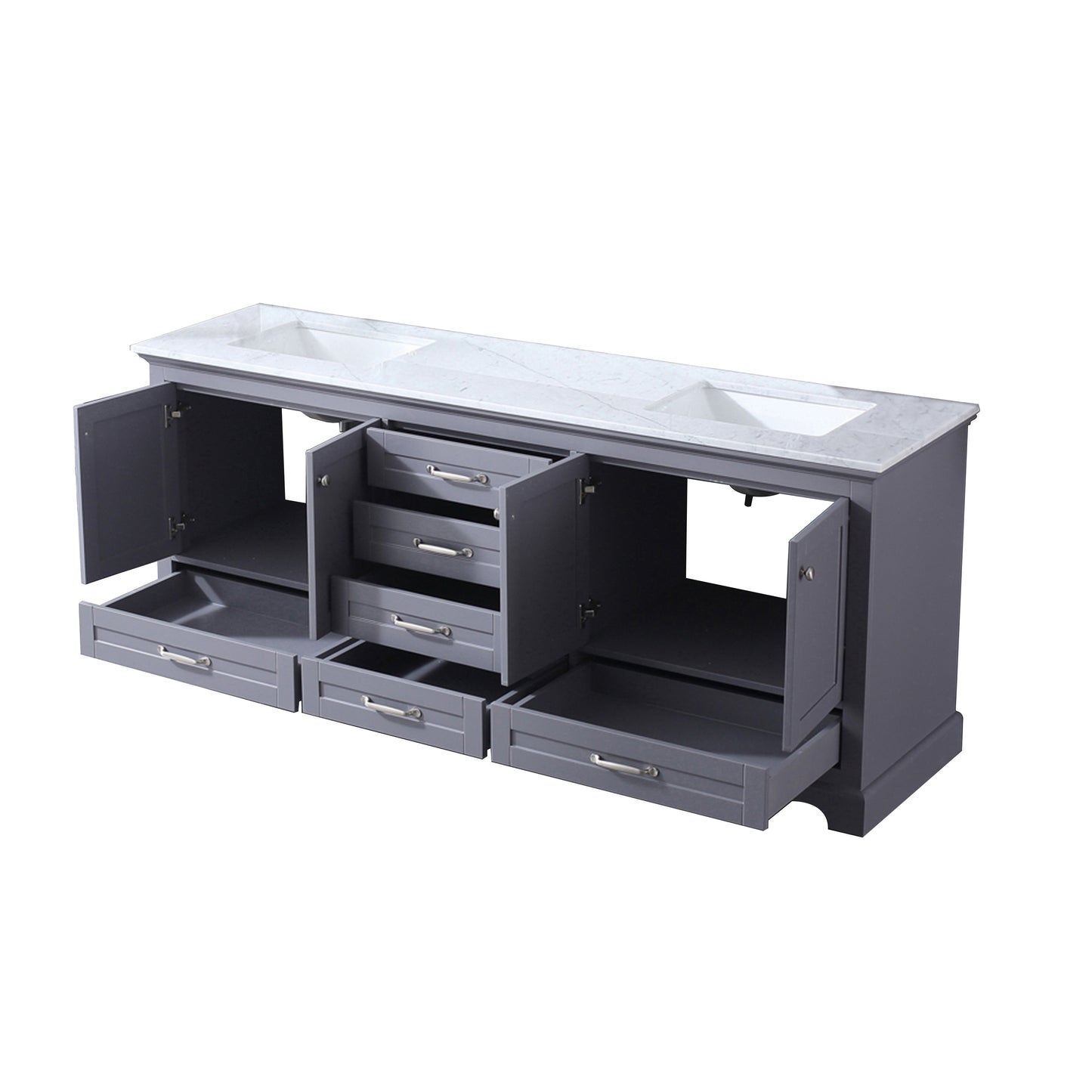 Dukes 80" Dark Grey Double Vanity, White Carrara Marble Top, White Square Sinks and no Mirror