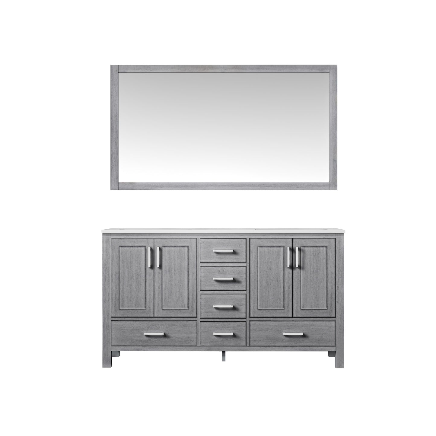 Jacques 60" Distressed Grey Double Vanity, White Quartz Top, White Square Sinks and 58" Mirror w/ Faucets